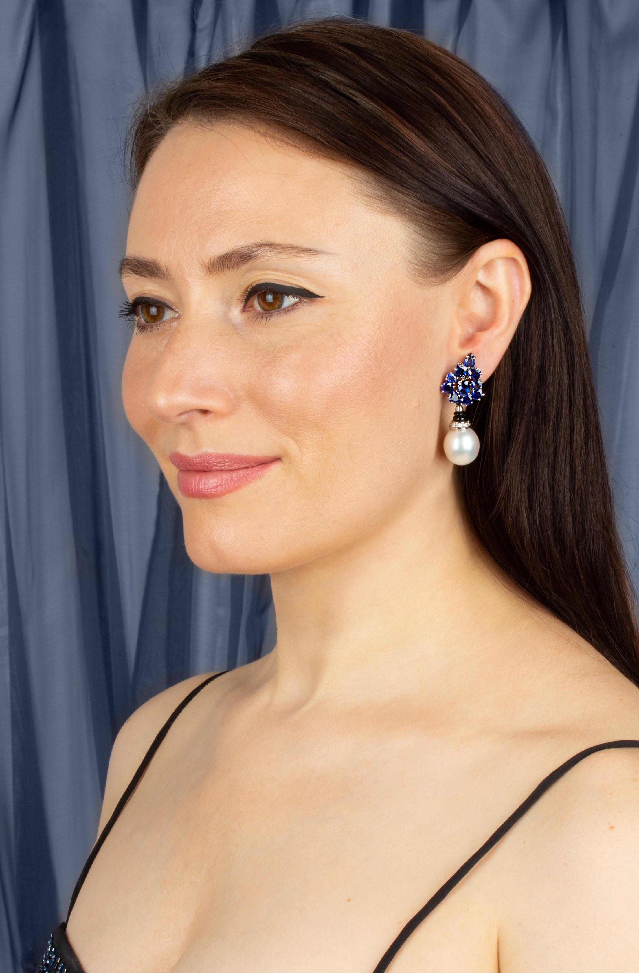 Artist Ella Gafter Blue Sapphire South Sea Pearl Diamond Earrings For Sale