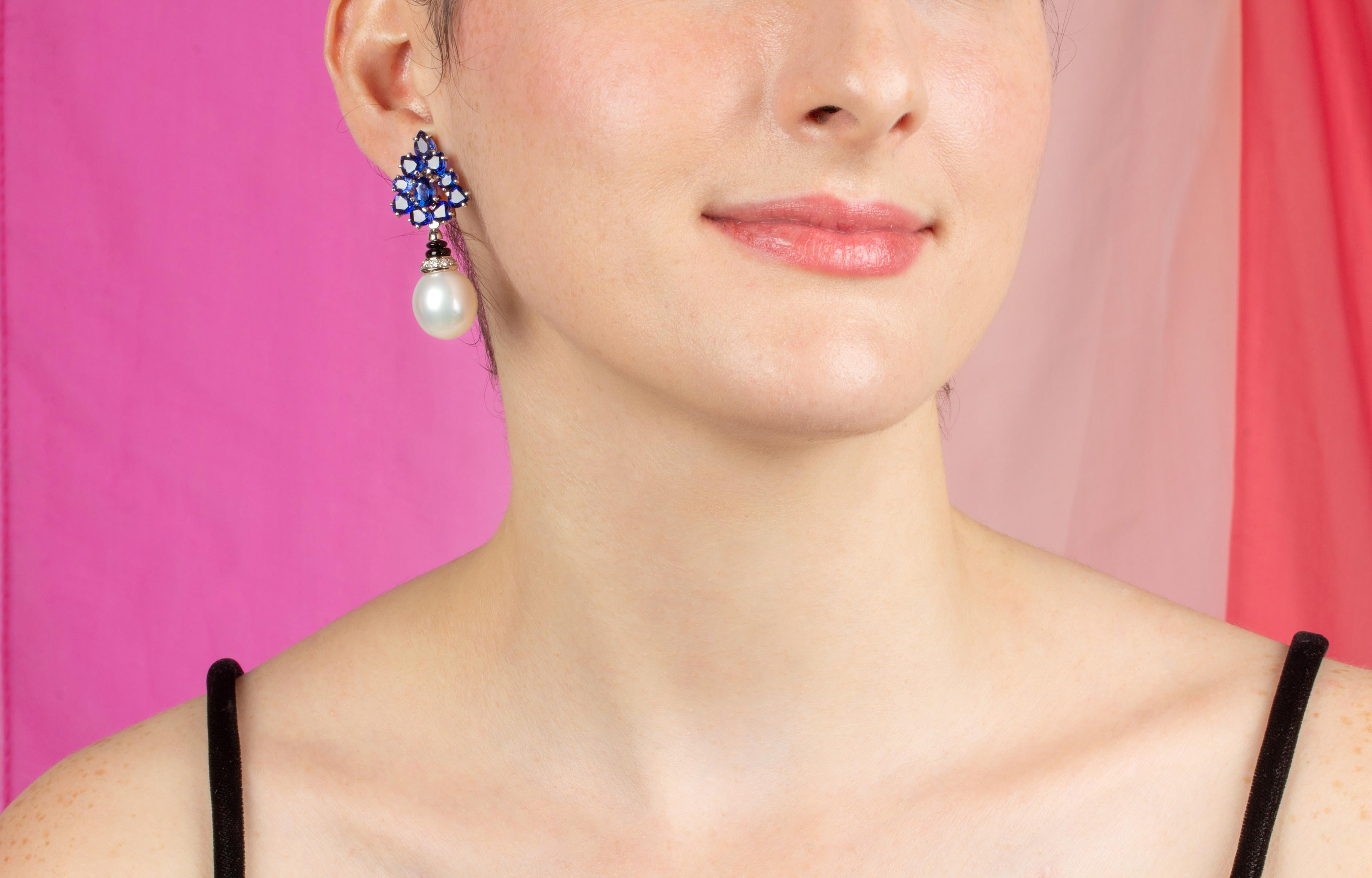 Pear Cut Ella Gafter Blue Sapphire South Sea Pearl Diamond Earrings For Sale