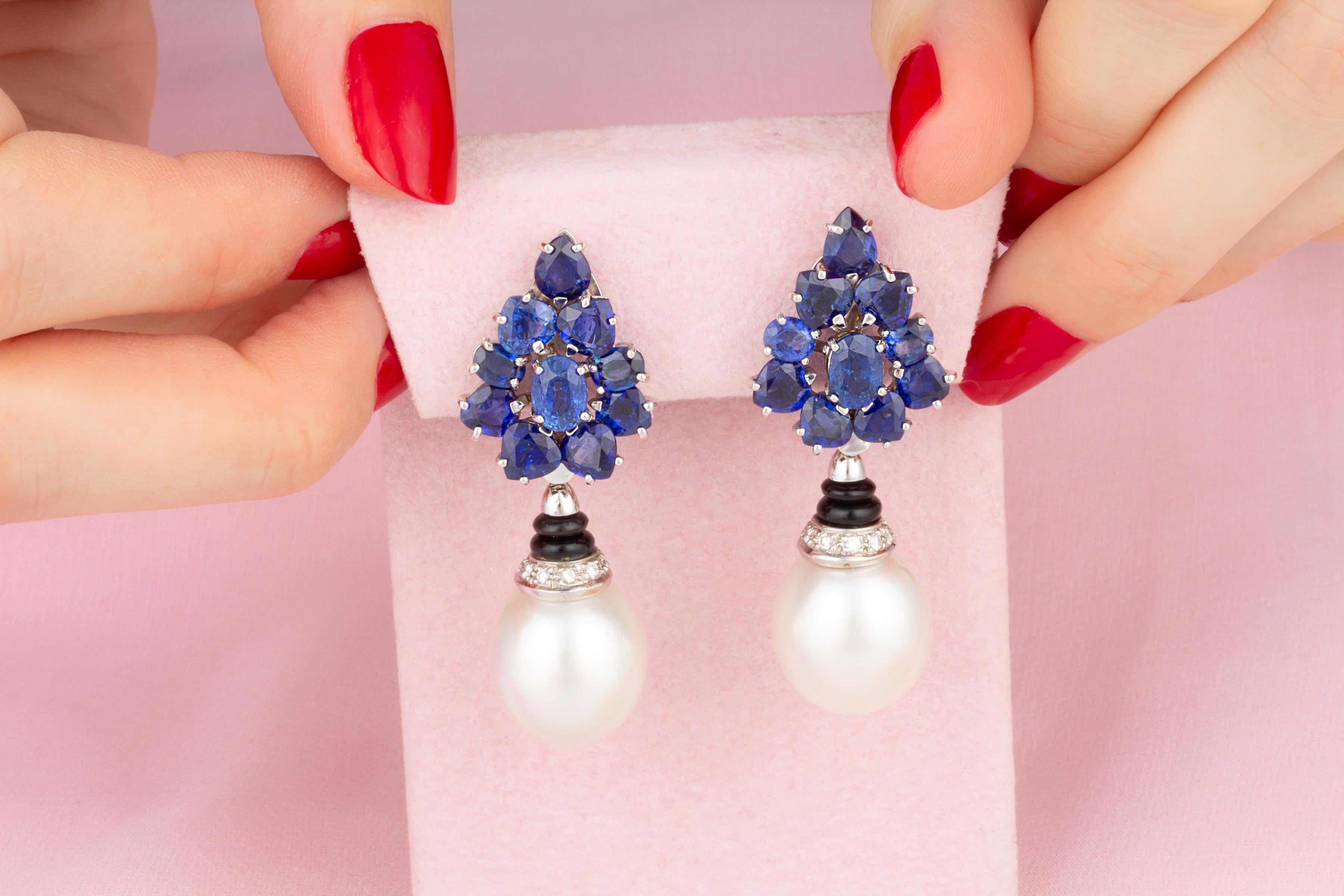 Blue Sapphire South Sea Pearl Diamond Drop Earrings Design by Ella Gafter In New Condition For Sale In New York, NY