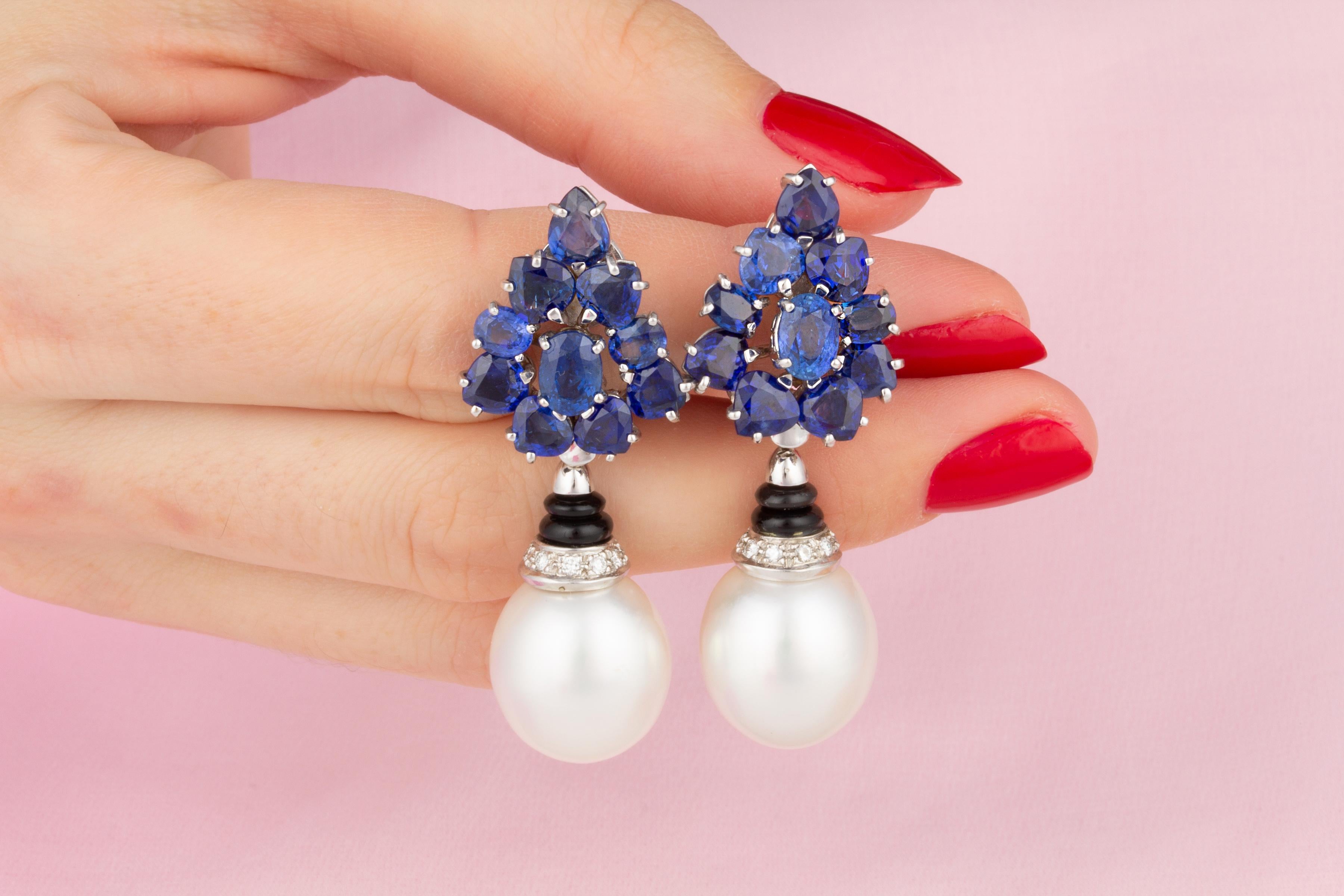 Ella Gafter Blue Sapphire South Sea Pearl Diamond Earrings For Sale 1