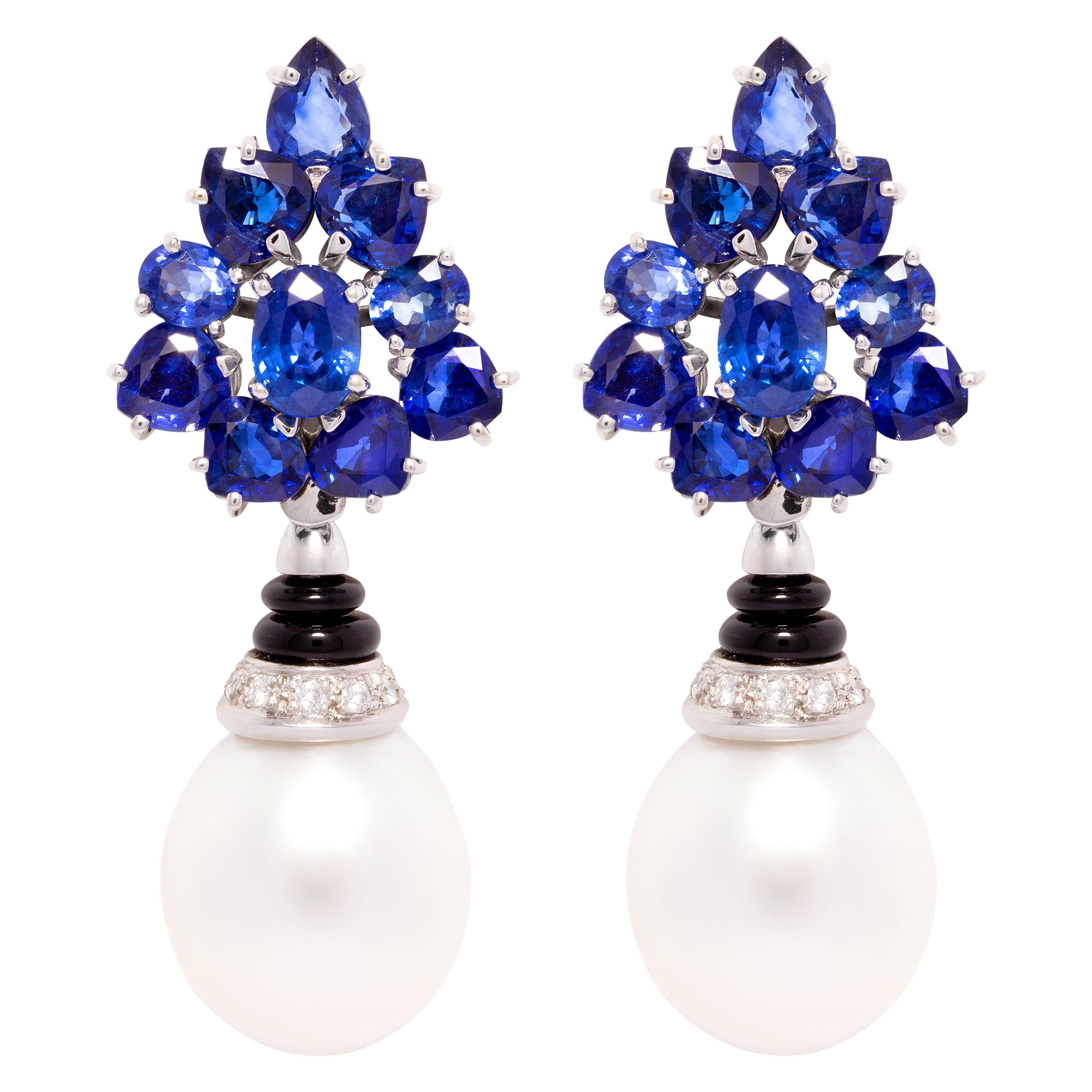 Ella Gafter Blue Sapphire South Sea Pearl Diamond Earrings
