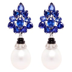 Ella Gafter Boucles d'oreilles en saphir bleu, perle des mers du Sud et diamants