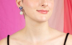 Blue Sapphire South Sea Pearl Diamond Drop Earrings Flower Design by Ella Gafter