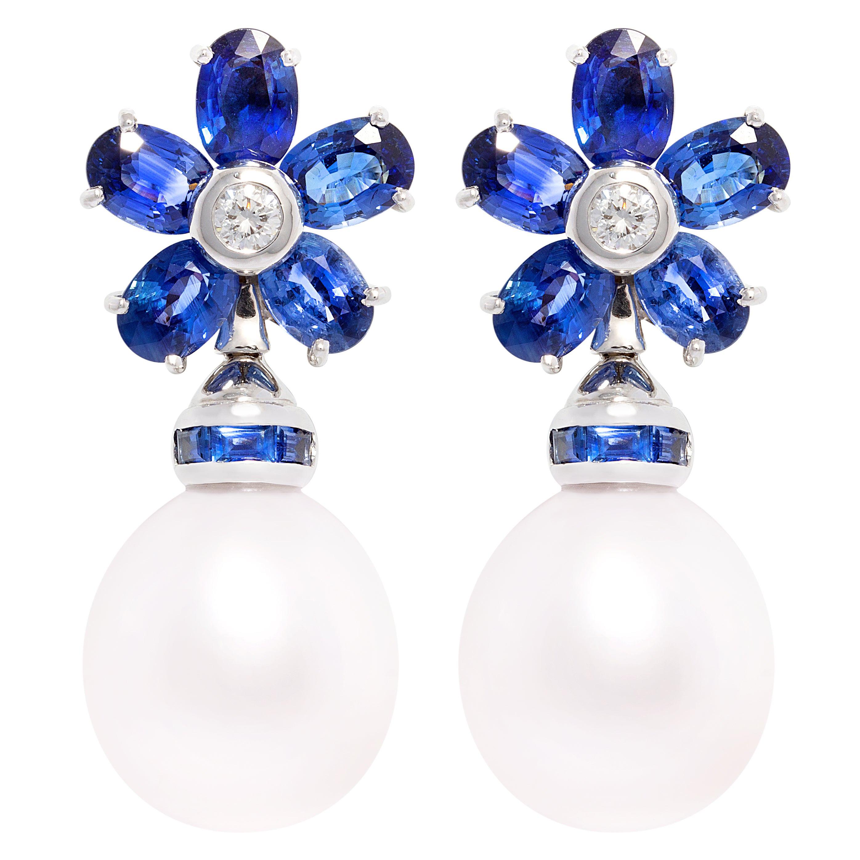 Ella Gafter Blue Sapphire South Sea Pearl Earrings  For Sale