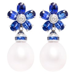 Ella Gafter, boucles d'oreilles saphir bleu et perles des mers du Sud 