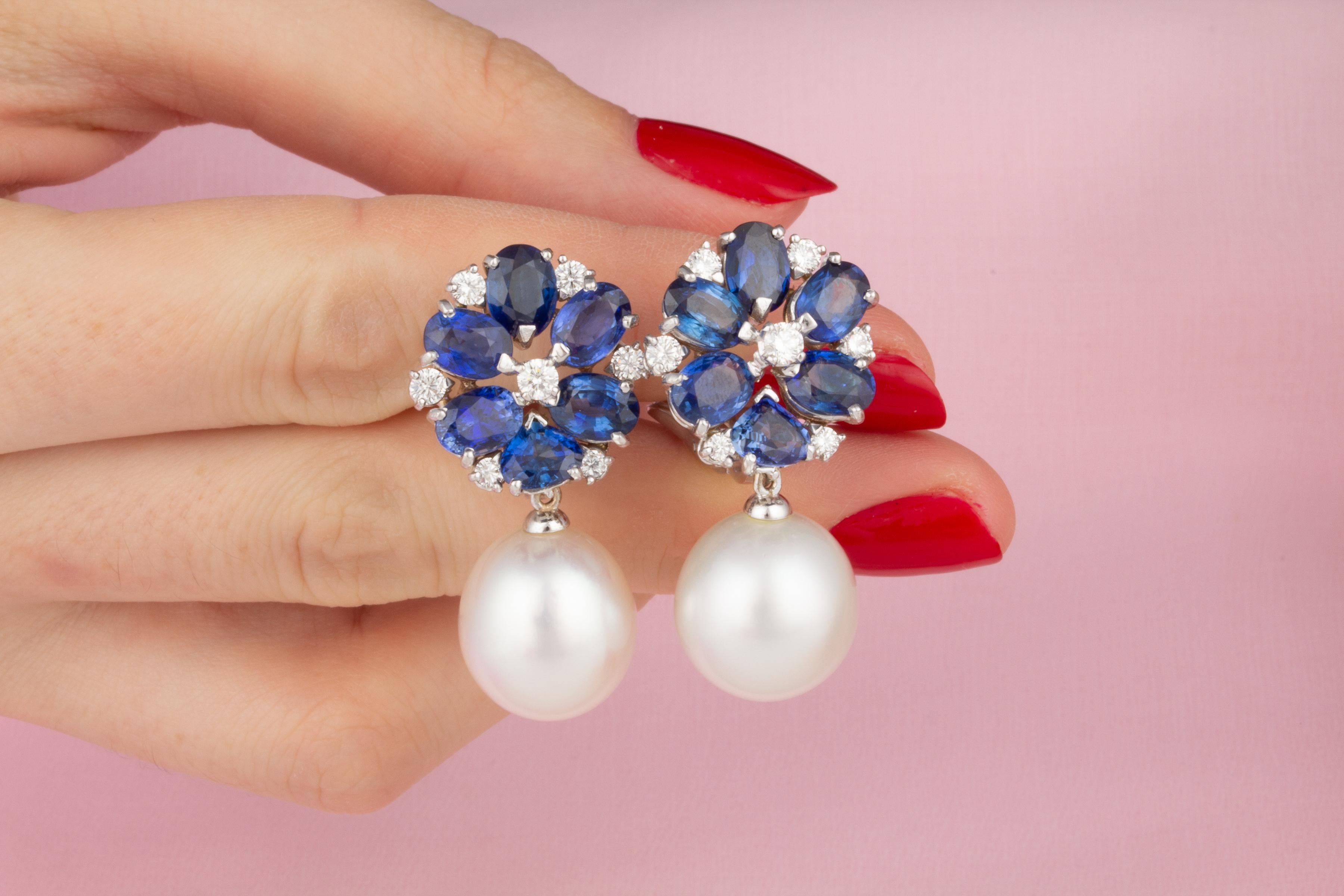 Artist Ella Gafter Blue Sapphire South Sea Pearl Flower Earrings  For Sale