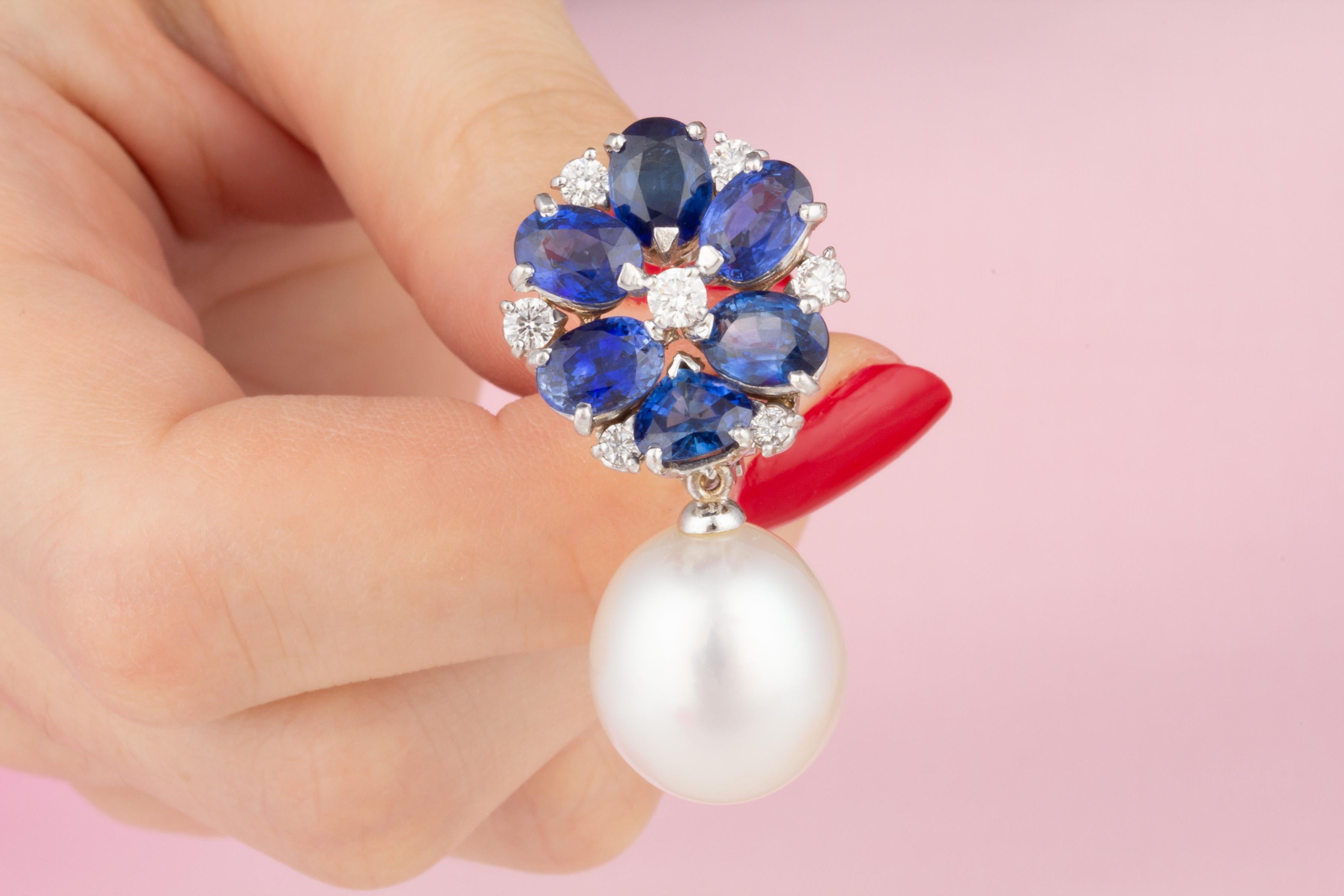Oval Cut Ella Gafter Blue Sapphire South Sea Pearl Flower Earrings  For Sale