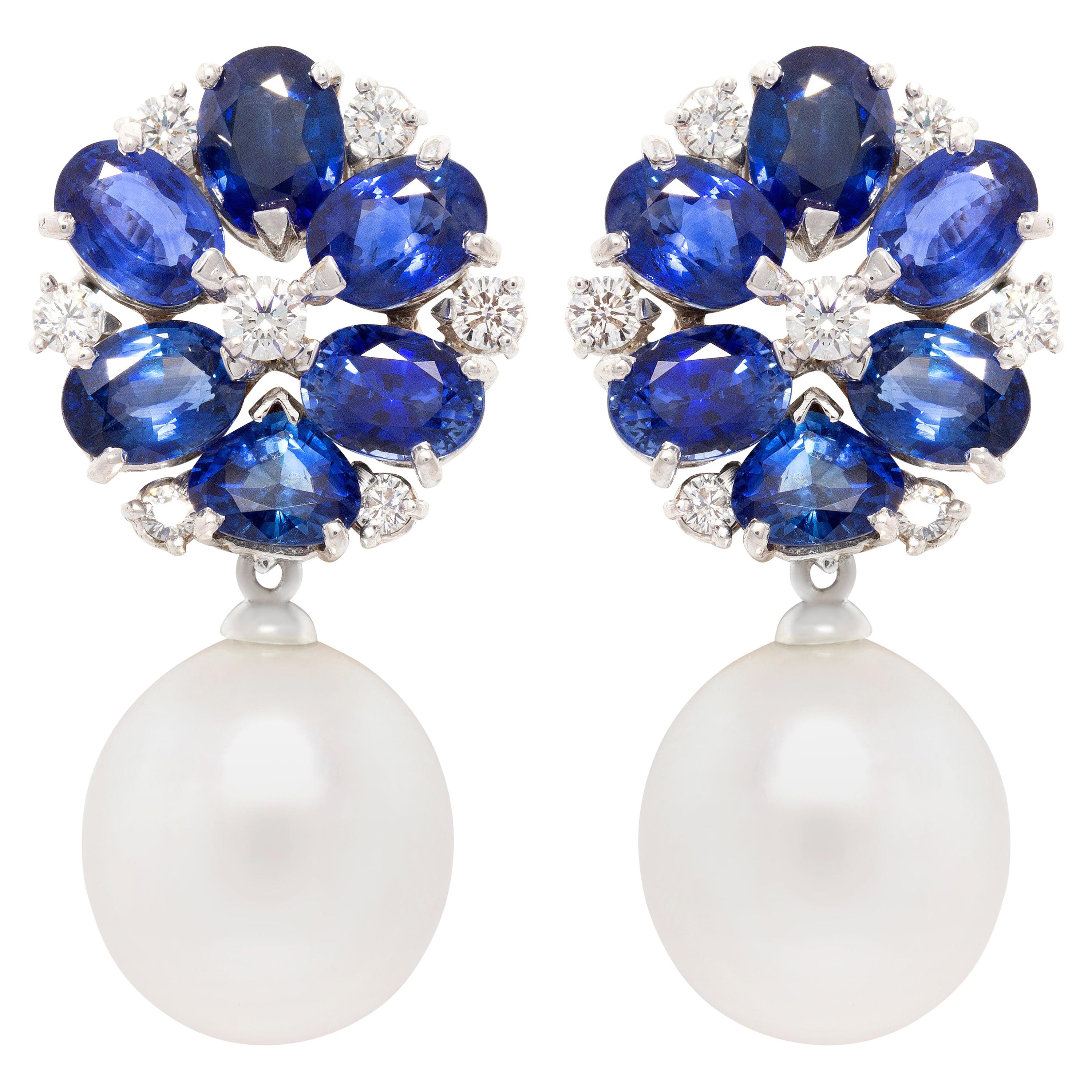 Ella Gafter Blue Sapphire South Sea Pearl Flower Earrings  For Sale