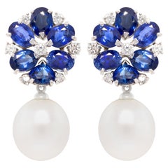 Ella Gafter Blue Sapphire South Sea Pearl Flower Earrings 