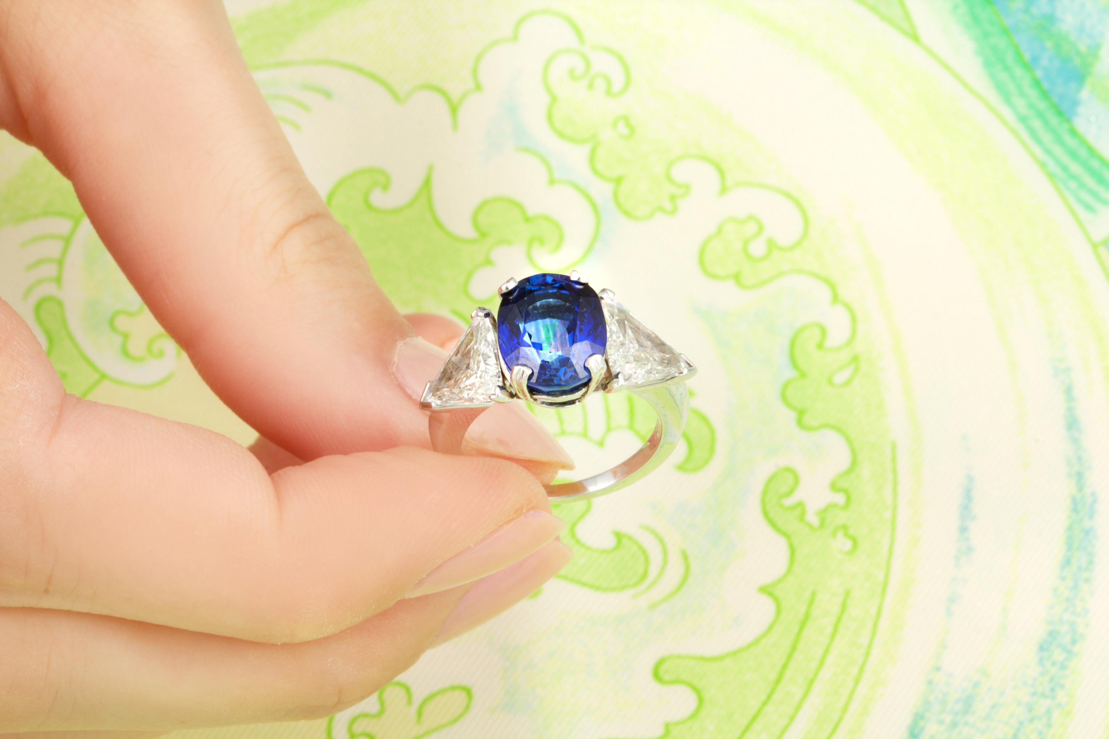 Trillion Cut Ella Gafter Blue Sapphire Trillion Diamond Three-Stone Engagement Ring For Sale