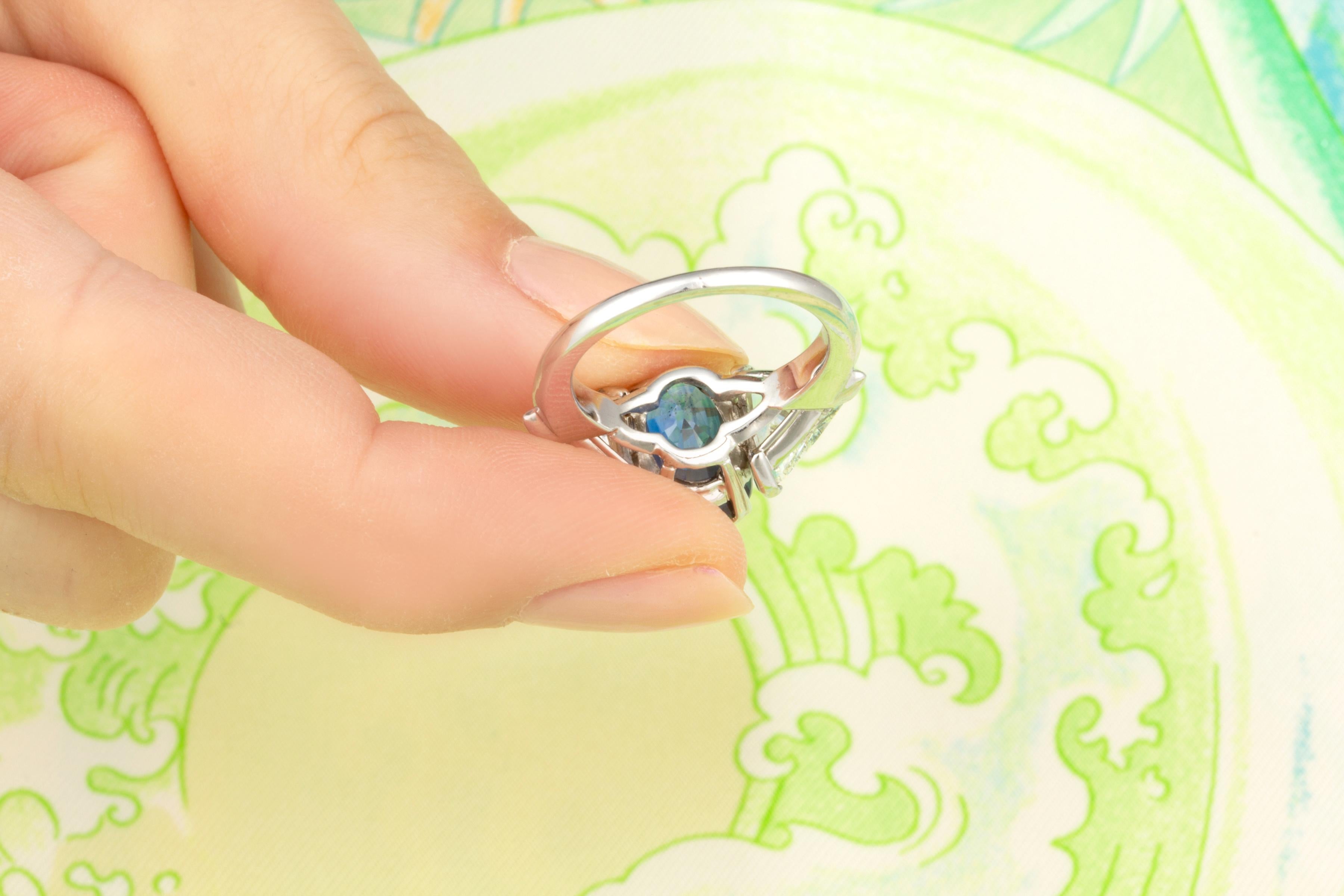 Ella Gafter Blue Sapphire Trillion Diamond Three-Stone Engagement Ring For Sale 1