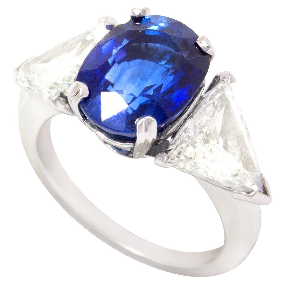 Blue Sapphire Trillion Diamond Three Stone Engagement Ring Design by Ella Gafter For Sale