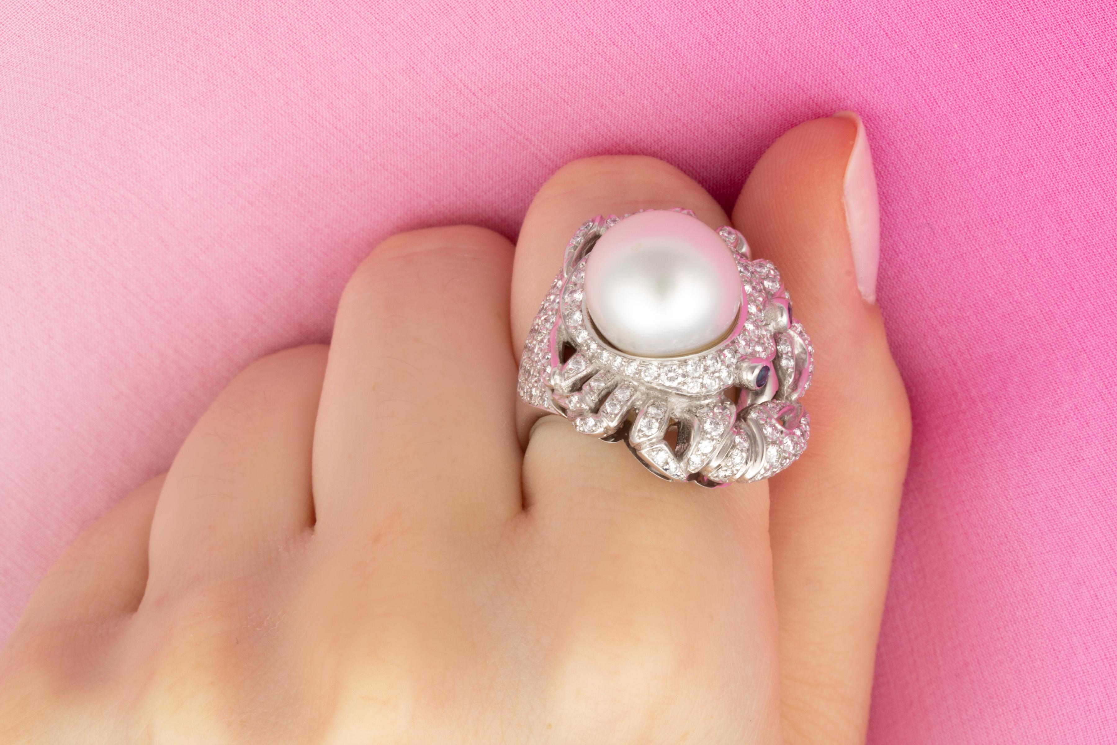 Ella Gafter Cancer Pearl Diamond Zodiac Ring In New Condition For Sale In New York, NY