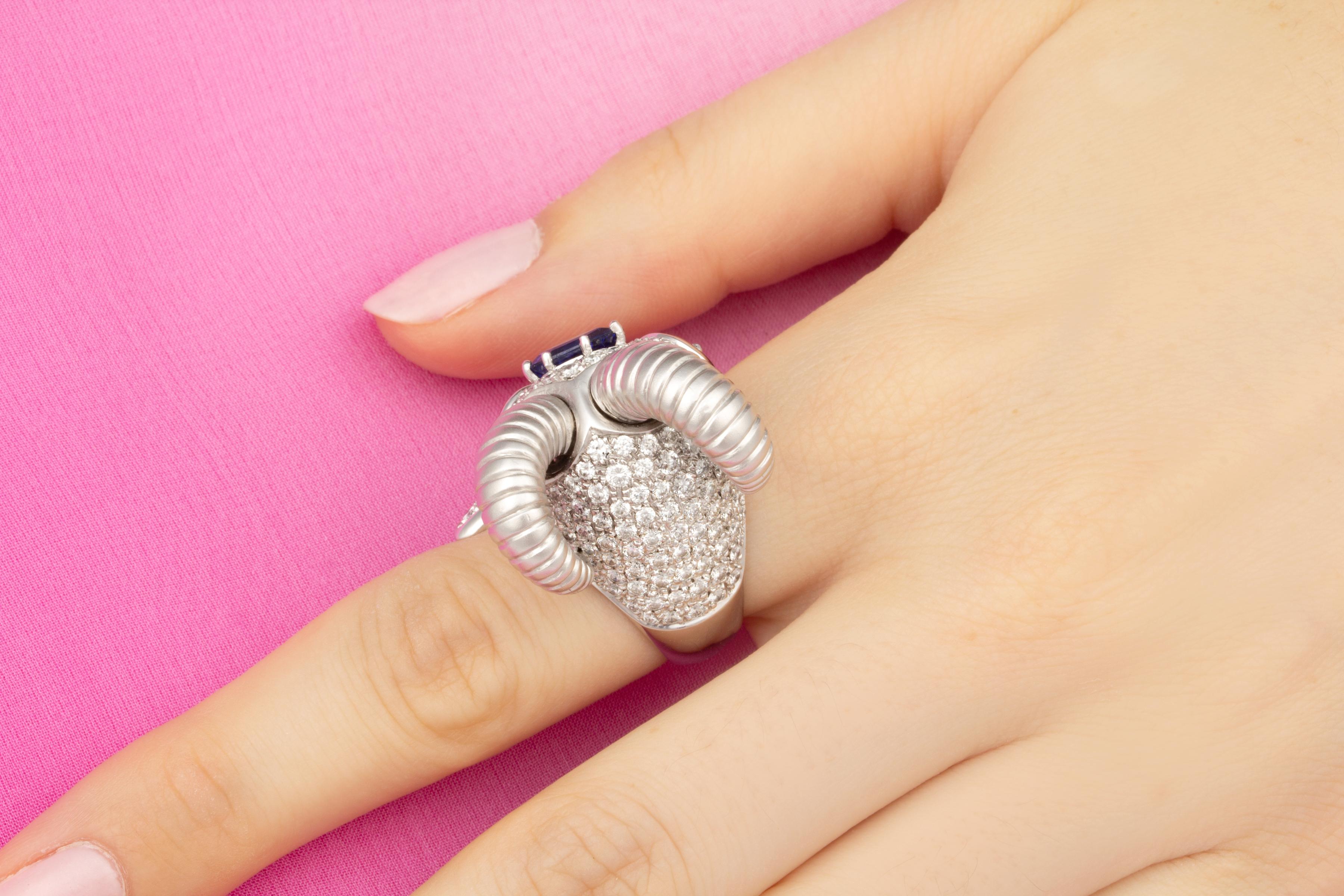 Capricorn Zodiac Cocktail Ring Diamonds Blue Sapphire Design by Ella Gafter For Sale 1