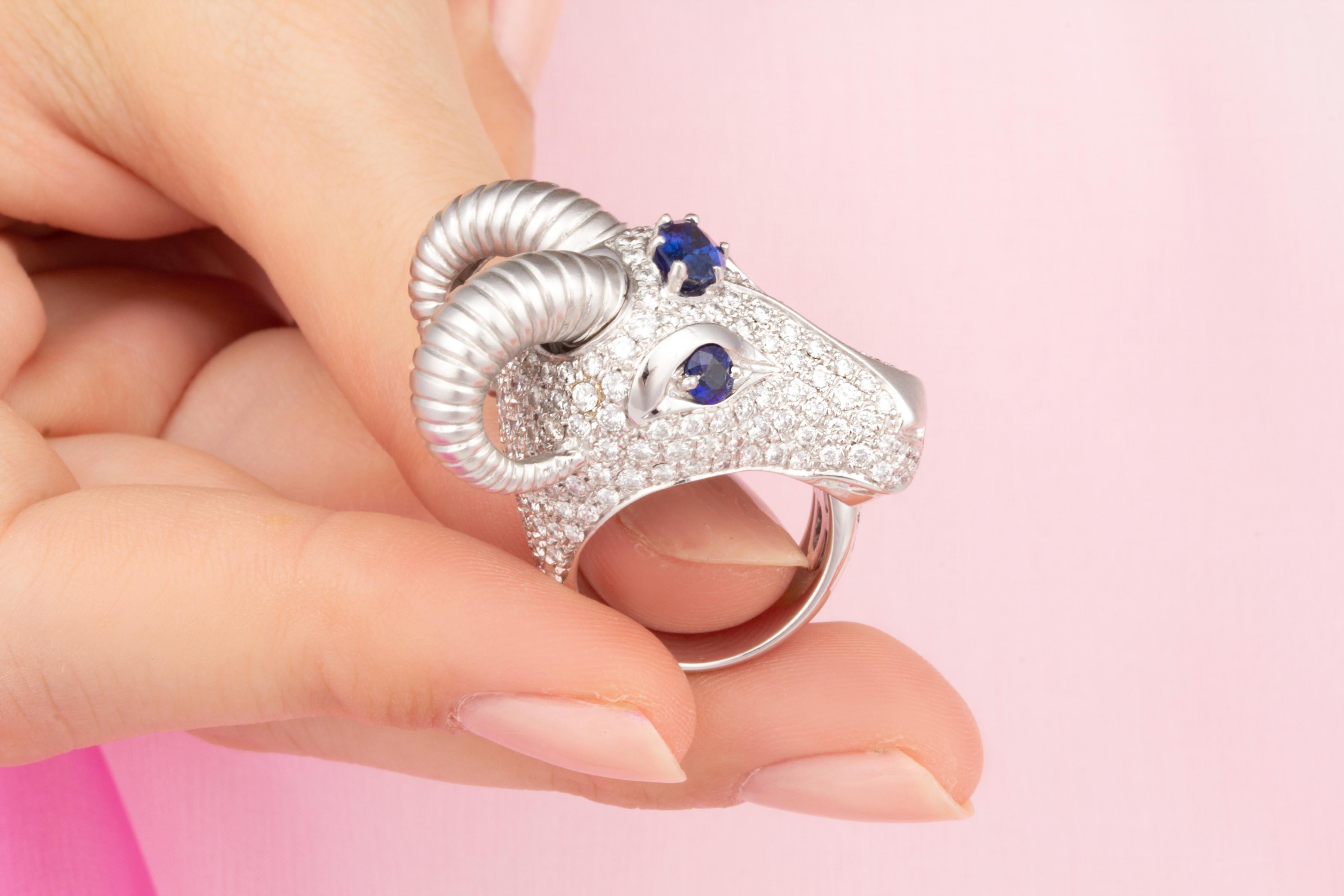 Brilliant Cut Capricorn Zodiac Cocktail Ring Diamonds Blue Sapphire Design by Ella Gafter For Sale