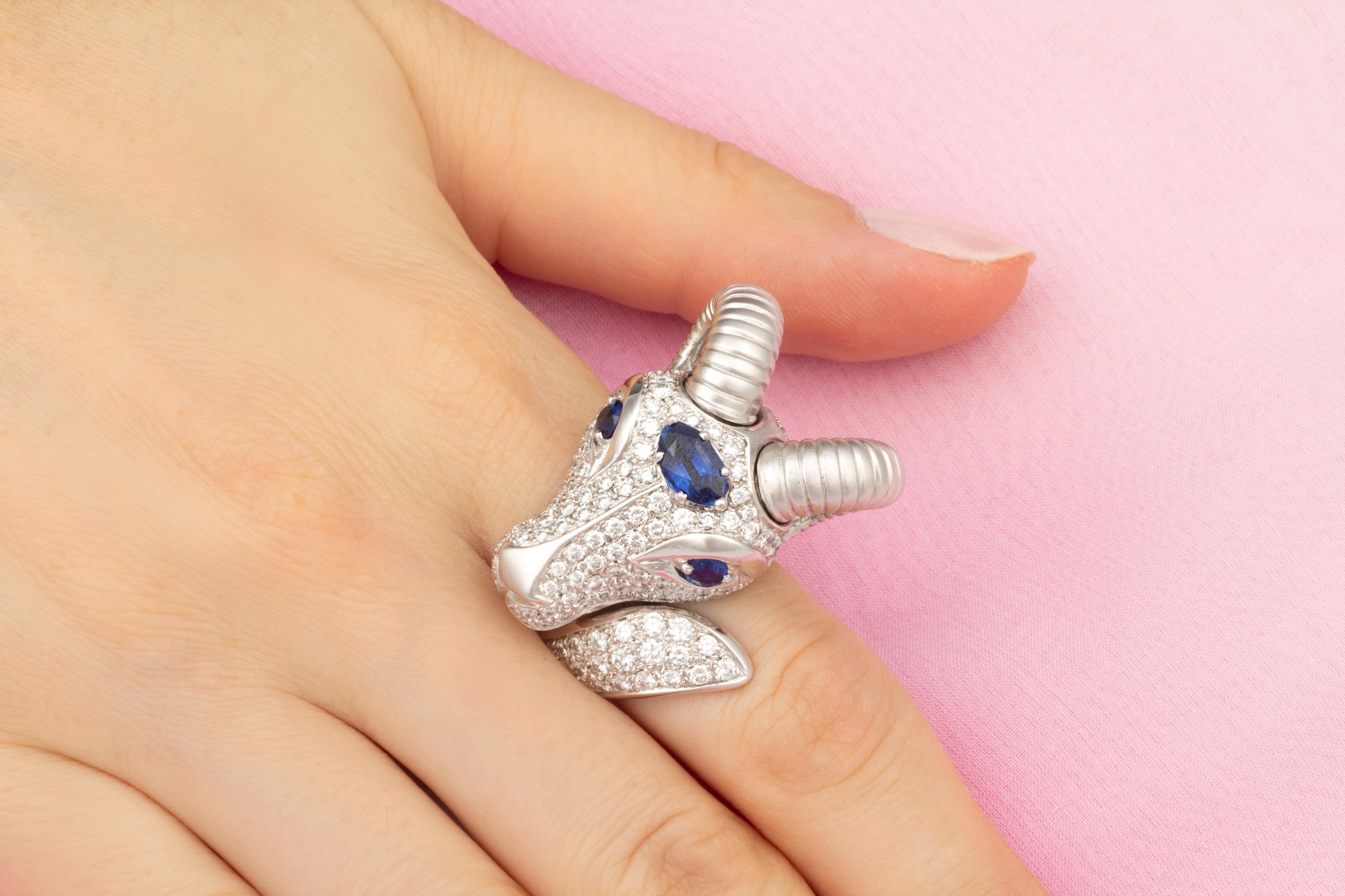 Women's or Men's Capricorn Zodiac Cocktail Ring Diamonds Blue Sapphire Design by Ella Gafter For Sale
