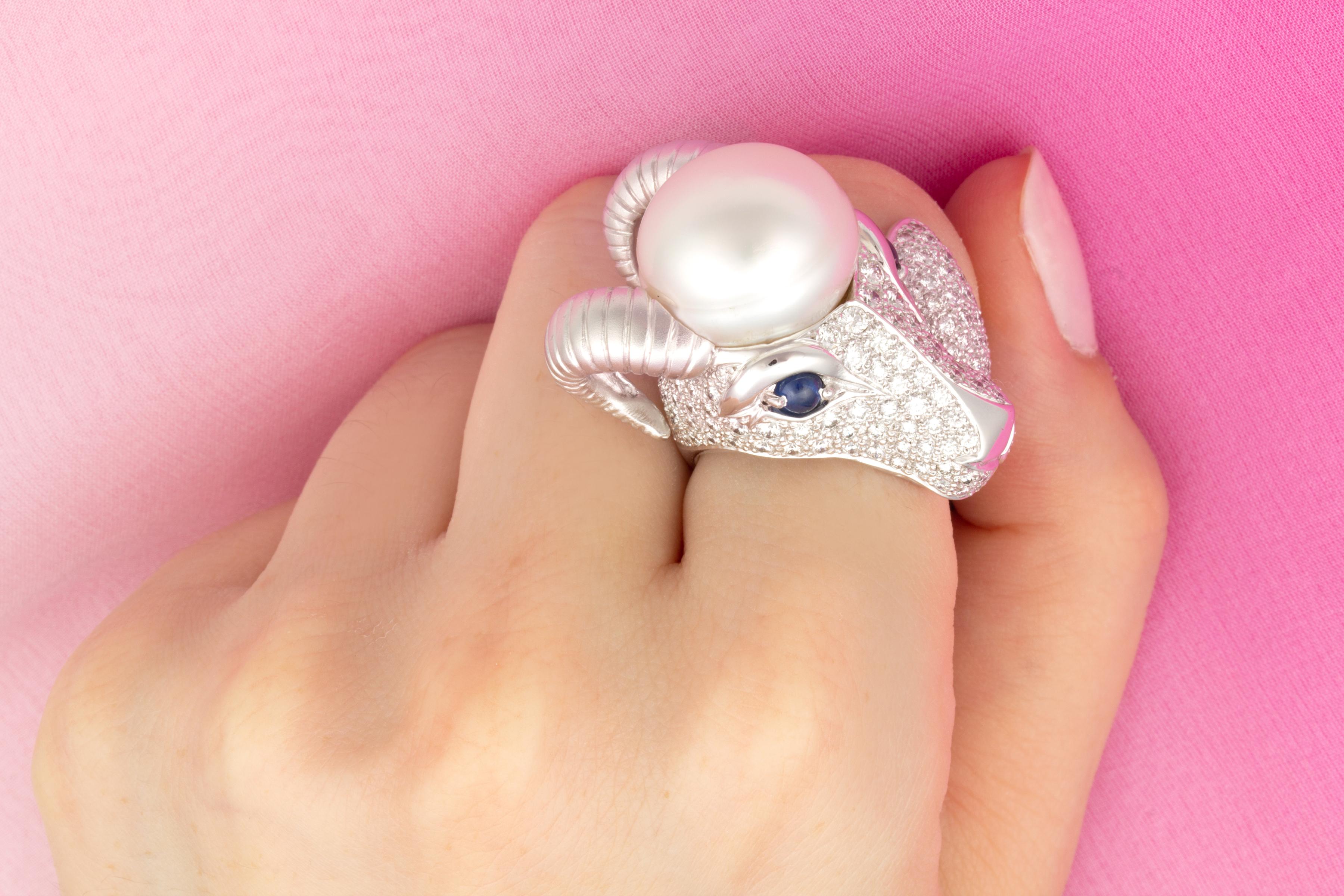 Brilliant Cut Ella Gafter Capricorn Pearl Diamond Zodiac Ring  For Sale
