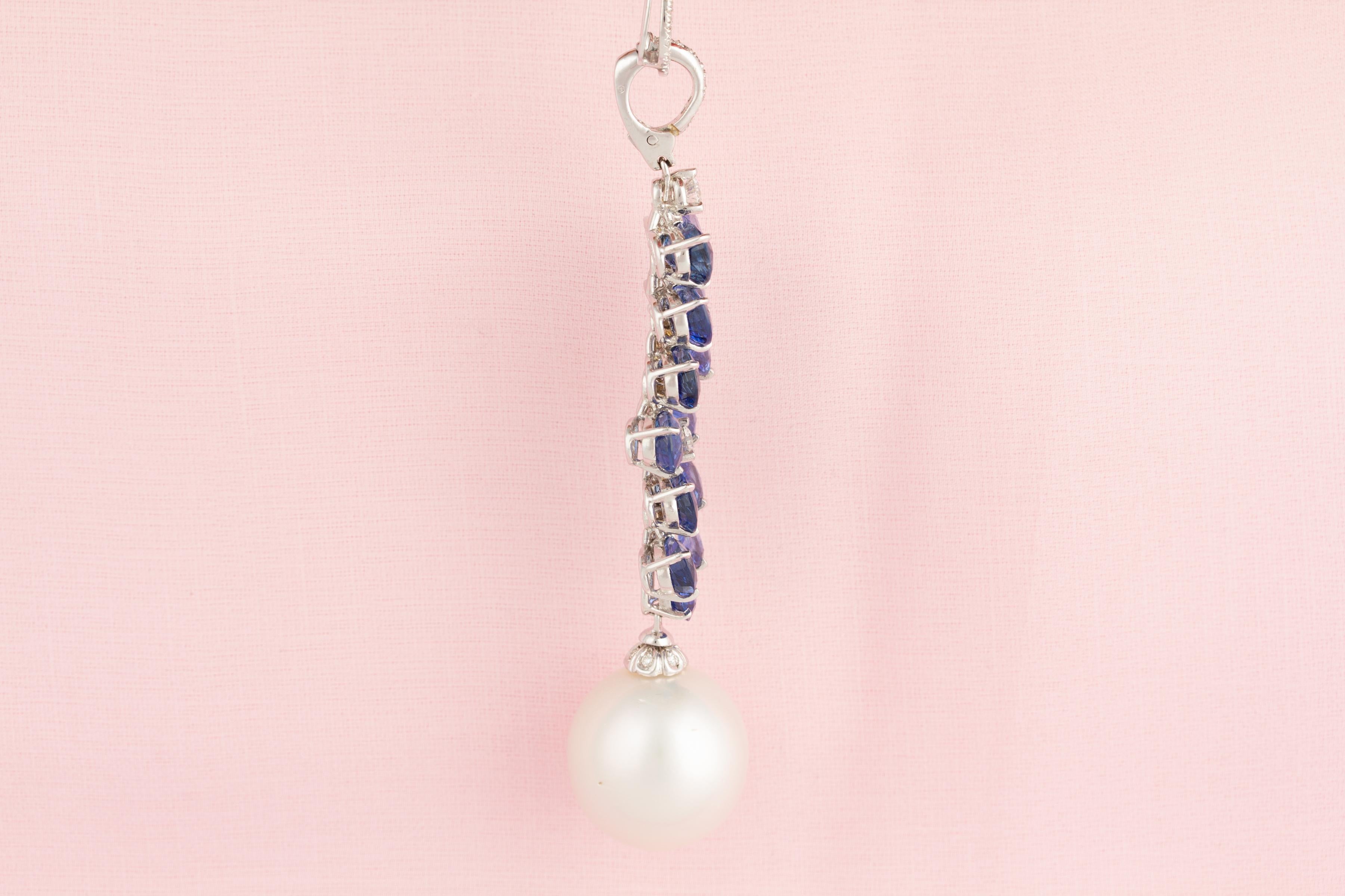 Ella Gafter Ceylon Blue Sapphire Diamond Pearl Pendant Necklace For Sale 4