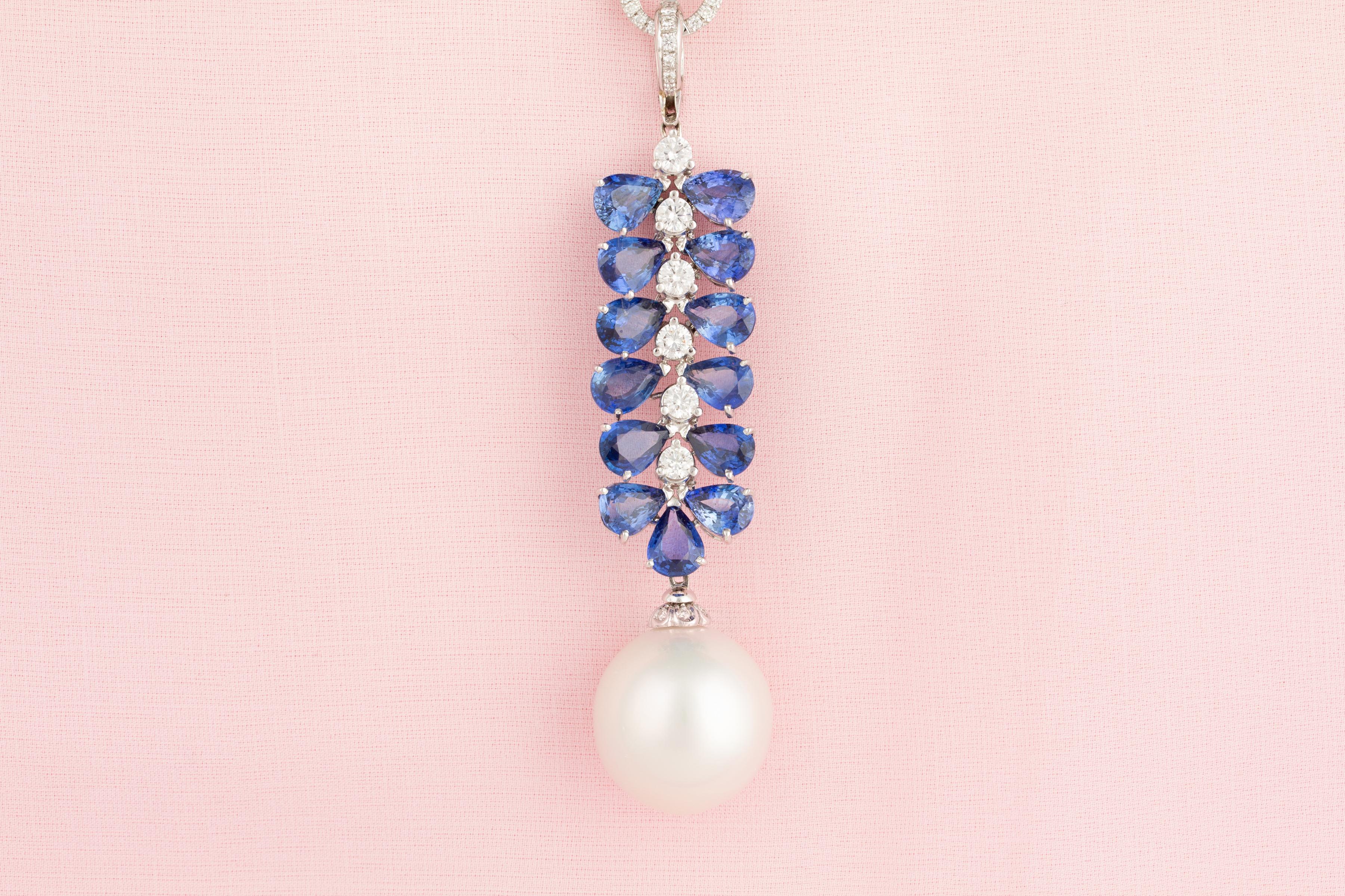 Ella Gafter Ceylon Blue Sapphire Diamond Pearl Pendant Necklace For Sale 1
