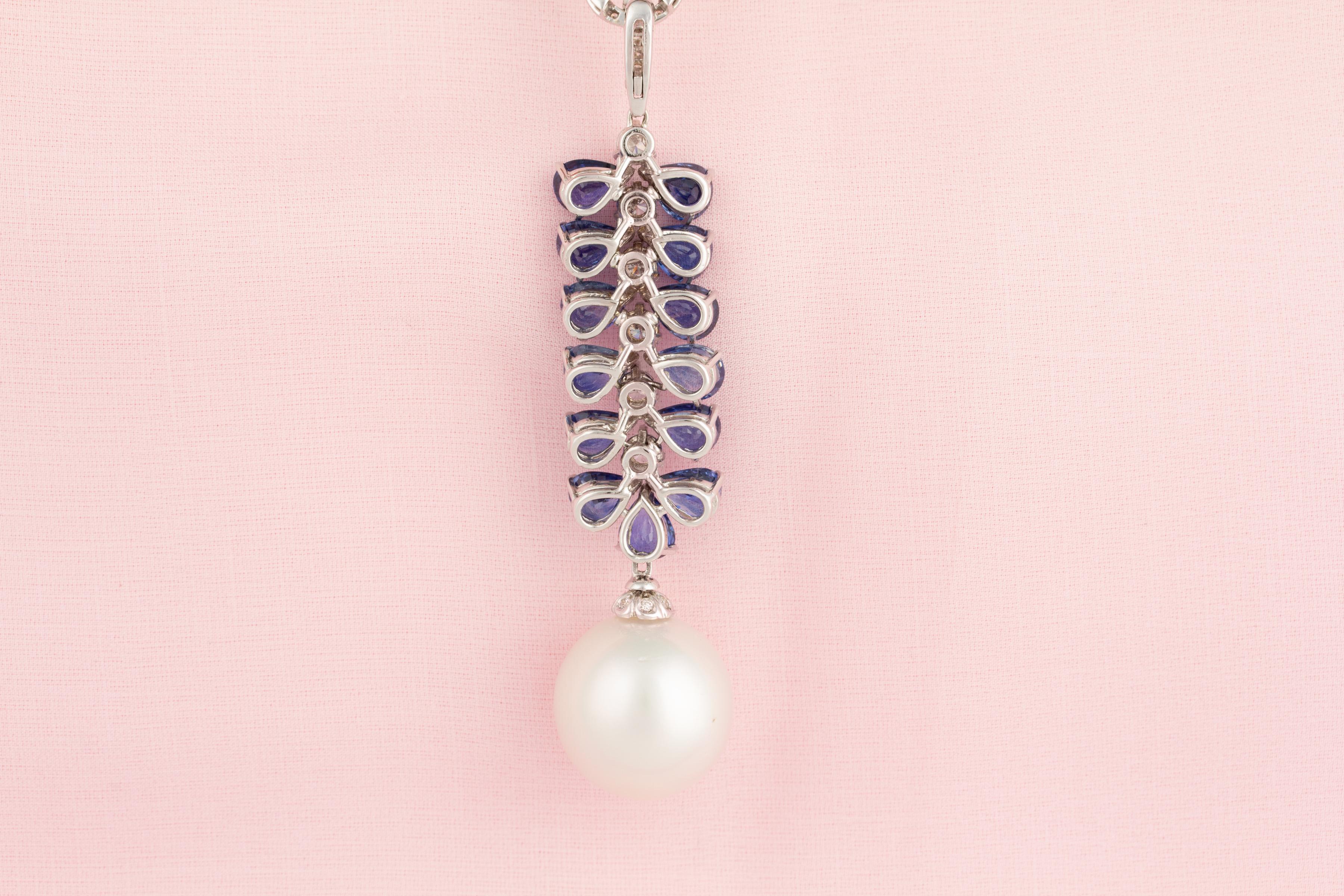 Ella Gafter Ceylon Blue Sapphire Diamond Pearl Pendant Necklace For Sale 2