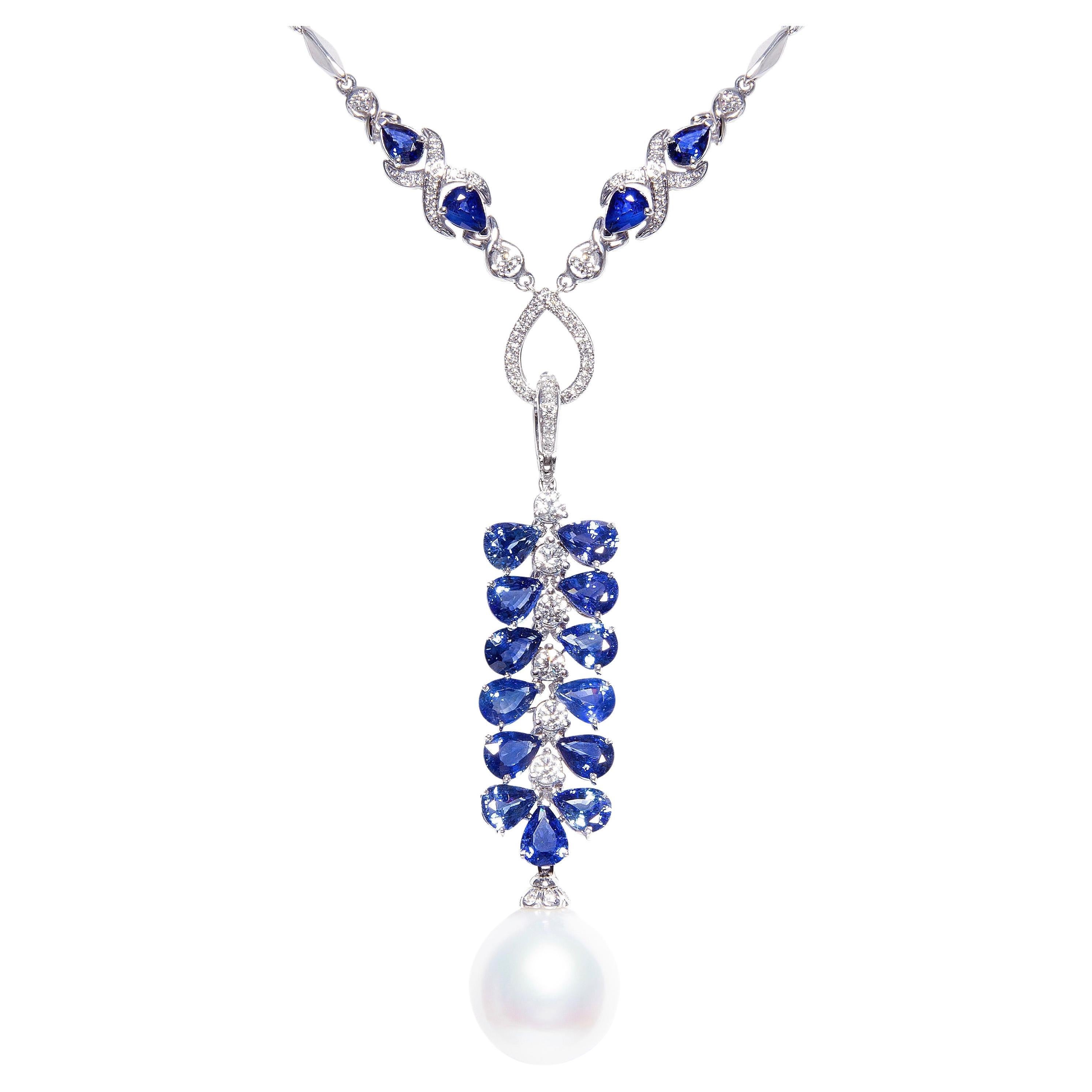 Ella Gafter Collier pendentif saphir bleu de Ceylan, diamant et perle
