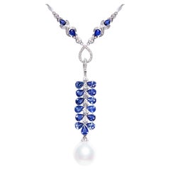 Ella Gafter Ceylon Blue Sapphire Diamond Pearl Pendant Necklace