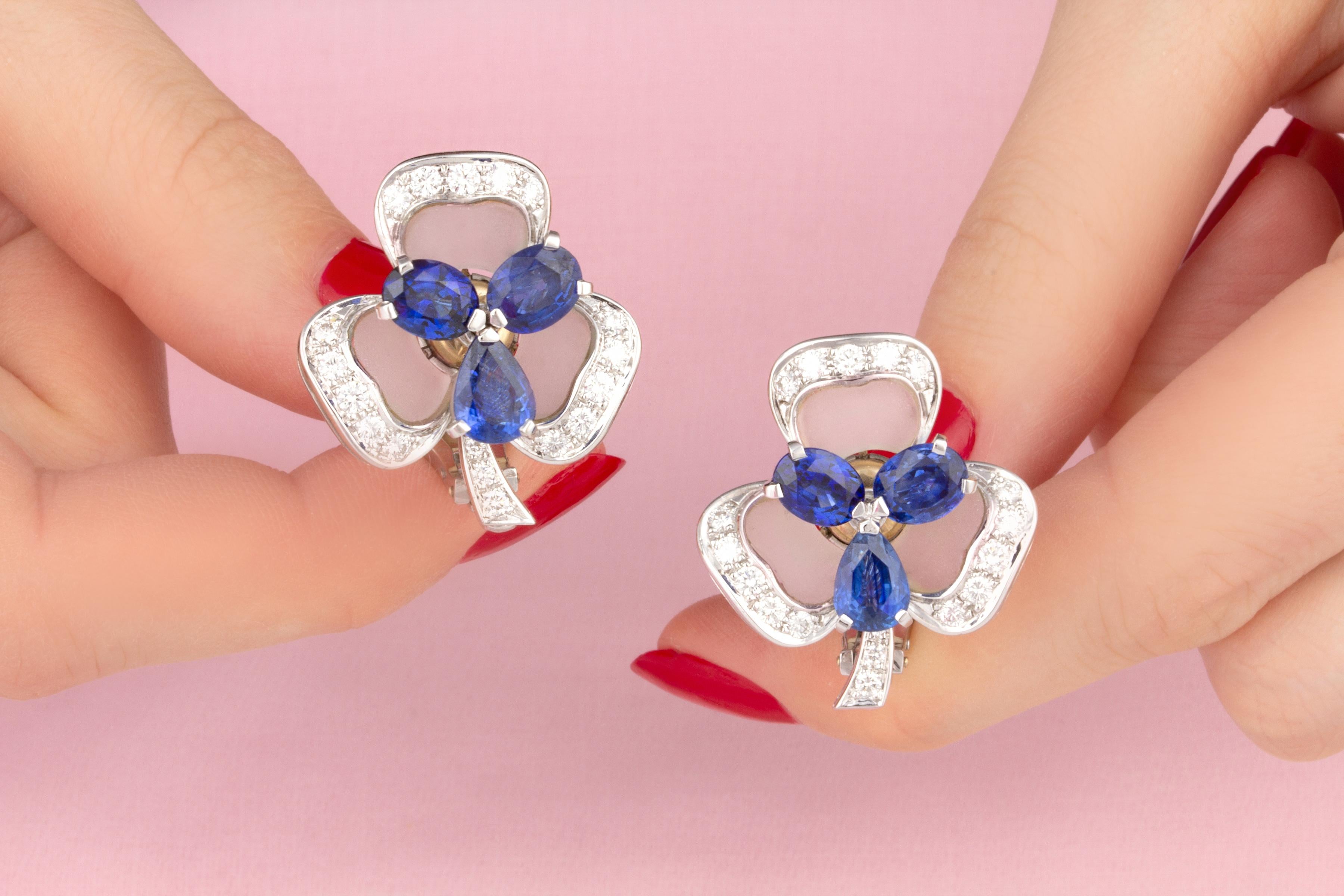 Artist Ella Gafter Ceylon Sapphire Diamond Clover Earrings  For Sale
