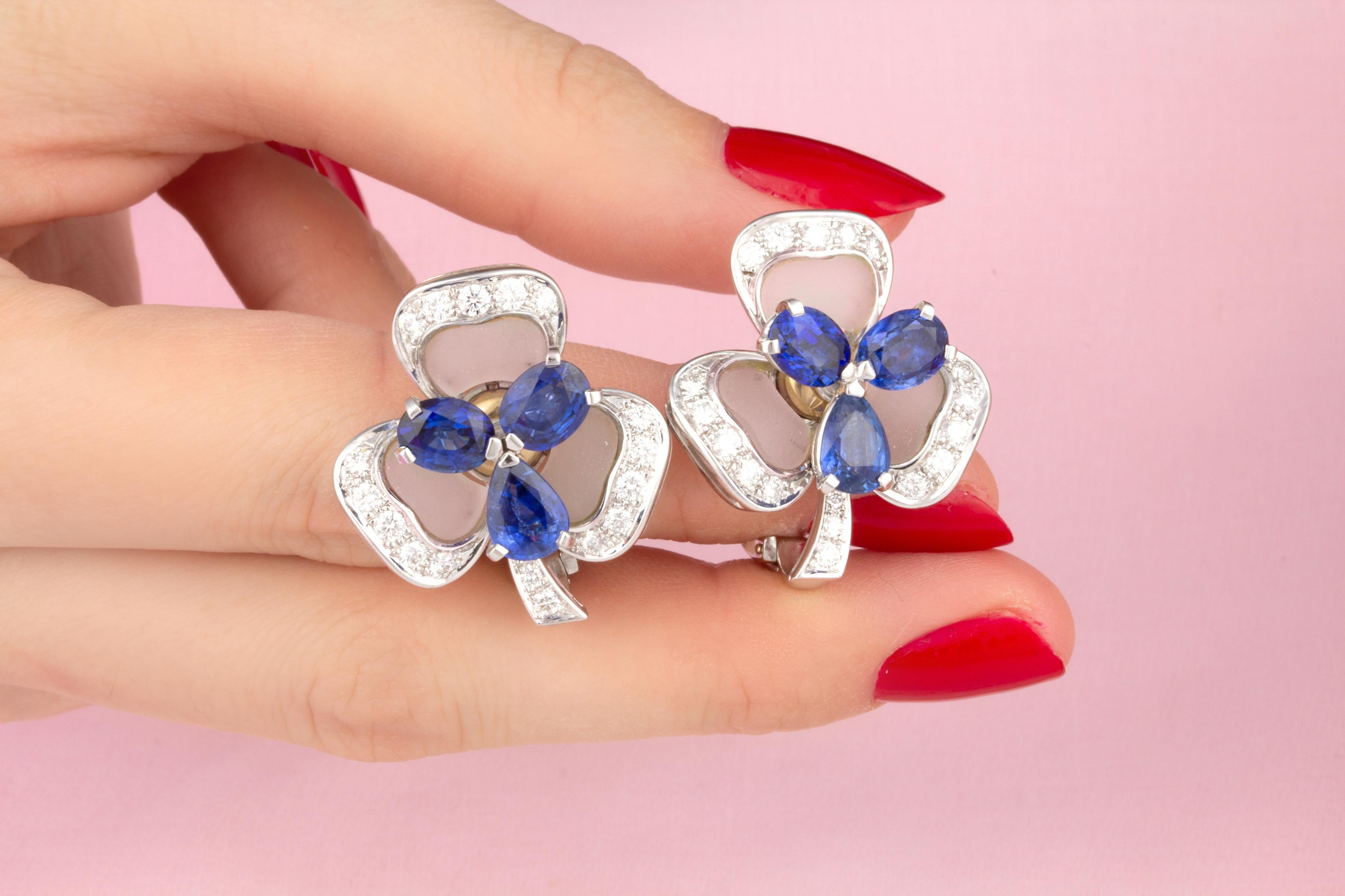 Oval Cut Ella Gafter Ceylon Sapphire Diamond Clover Earrings  For Sale