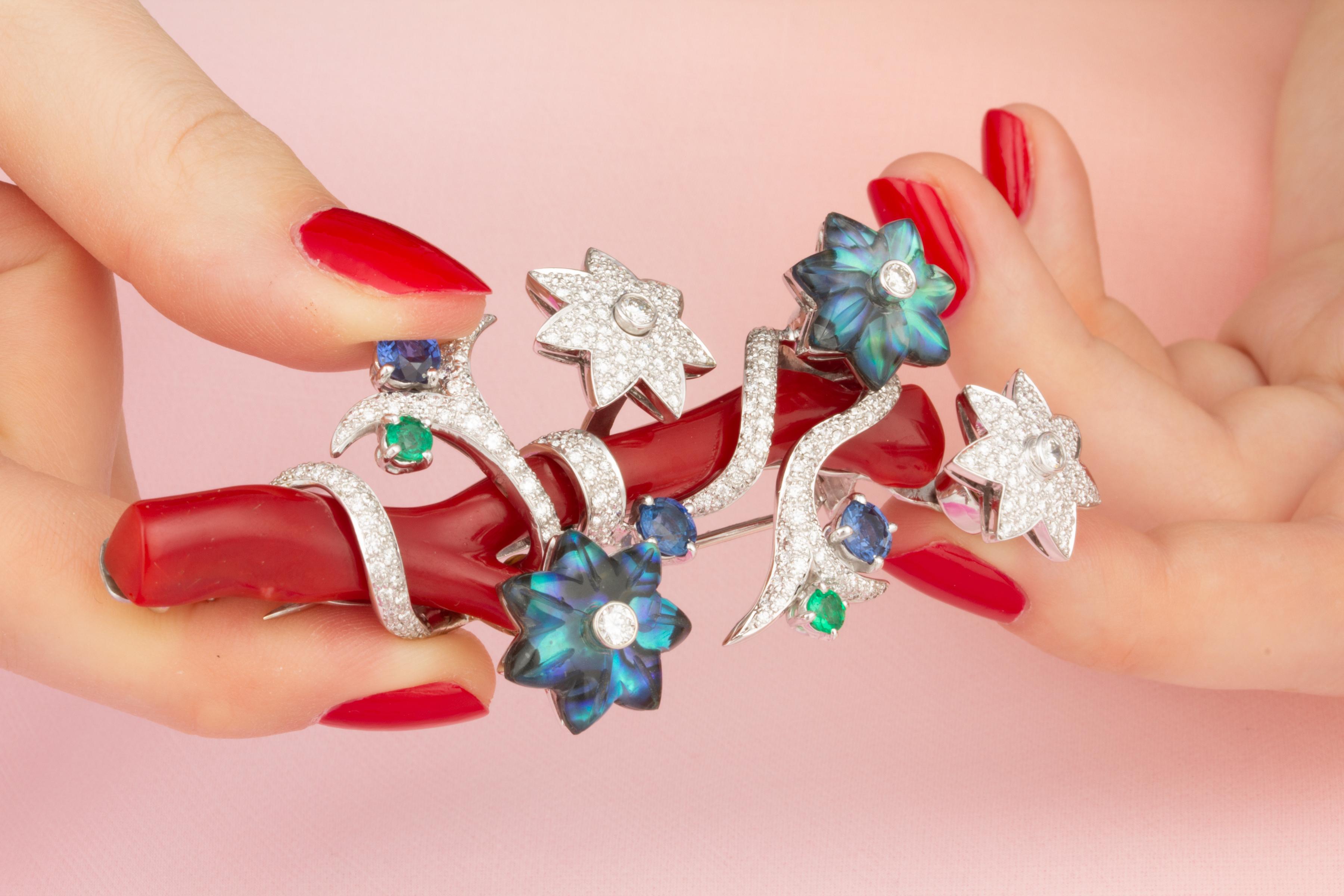 Women's Ella Gafter Diamond Coral Flower Pin Brooch  For Sale