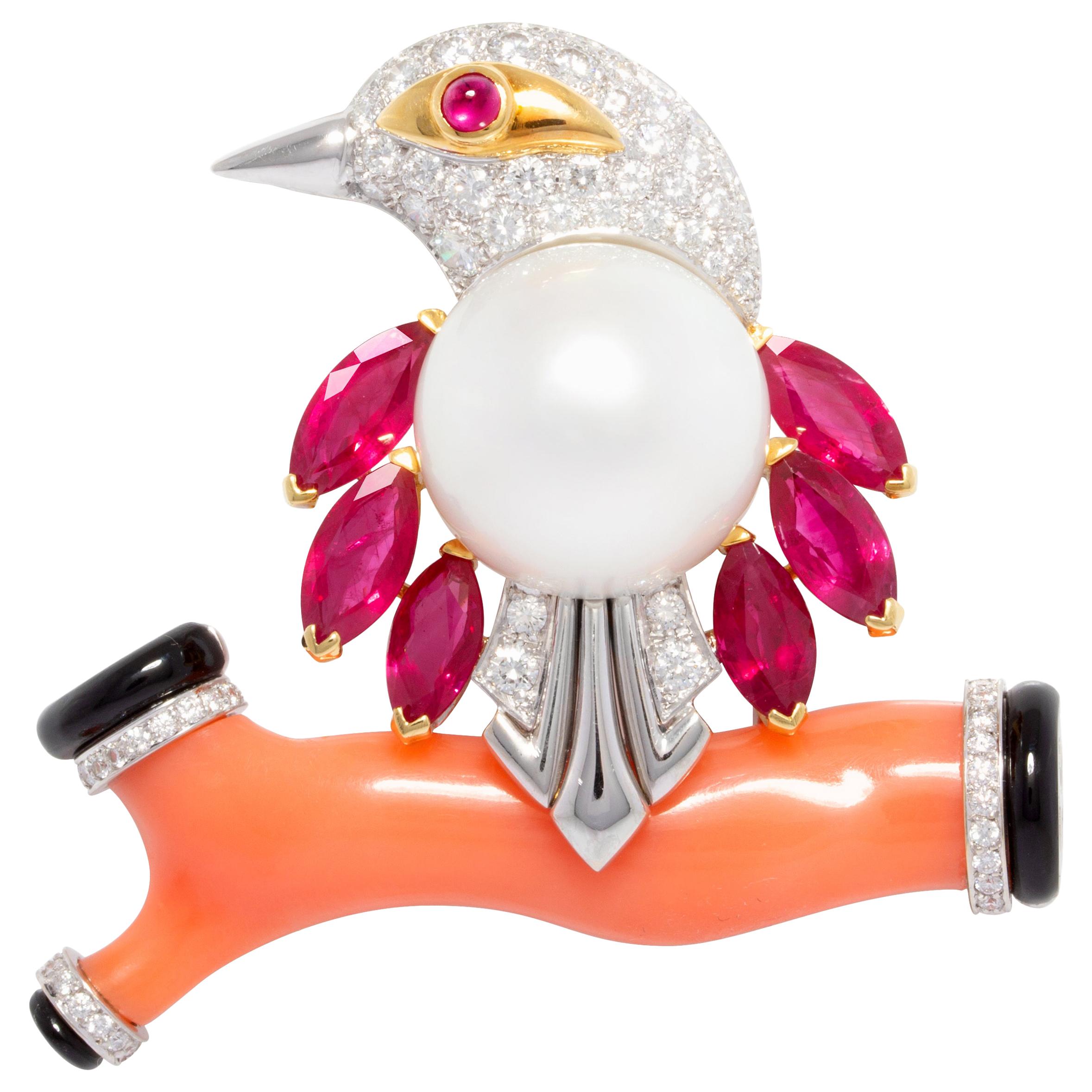 Ella Gafter Bird Brooch Ruby Diamond  For Sale