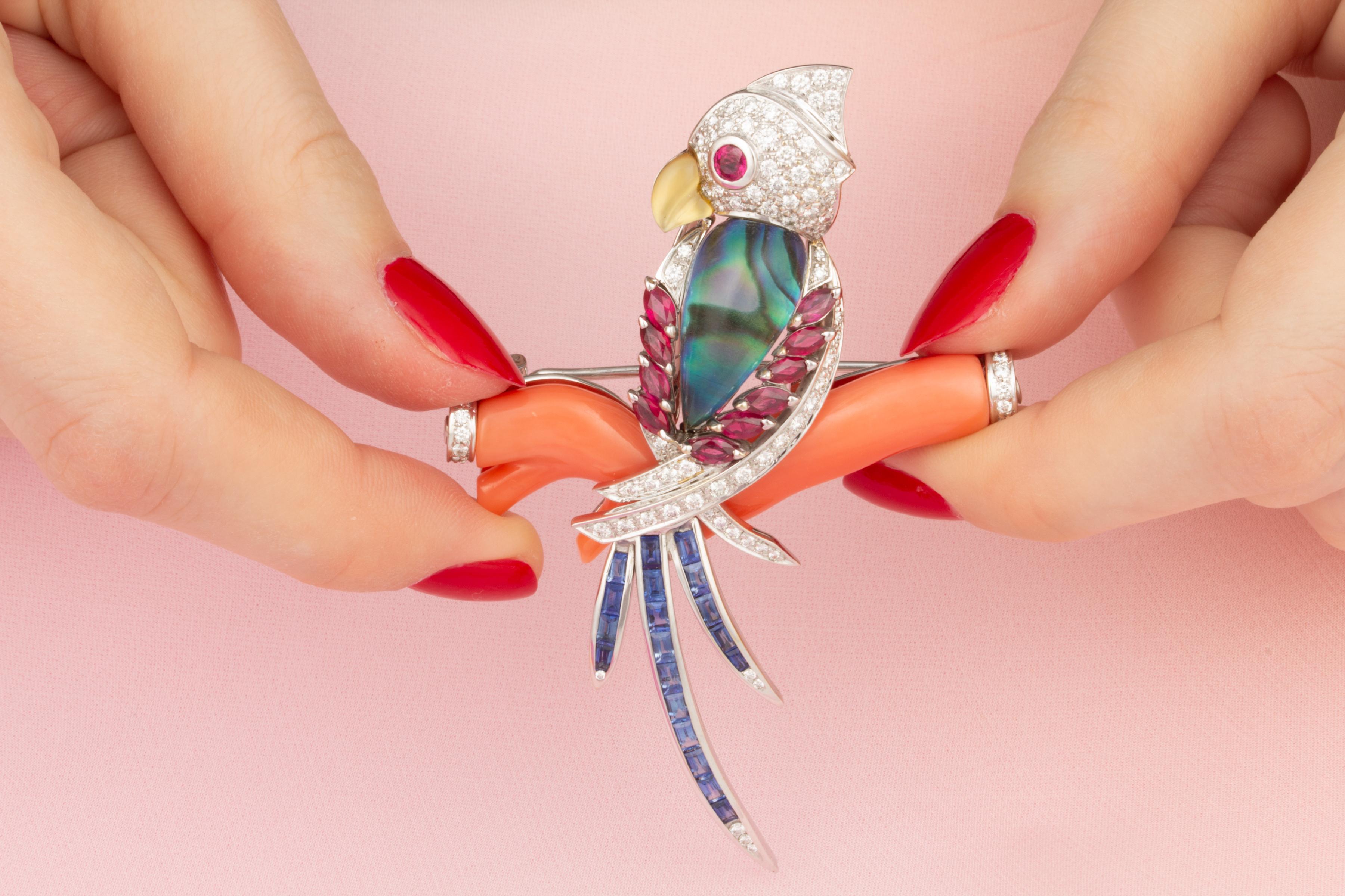 Artist Ella Gafter Parrot Bird Diamond Brooch Pin For Sale