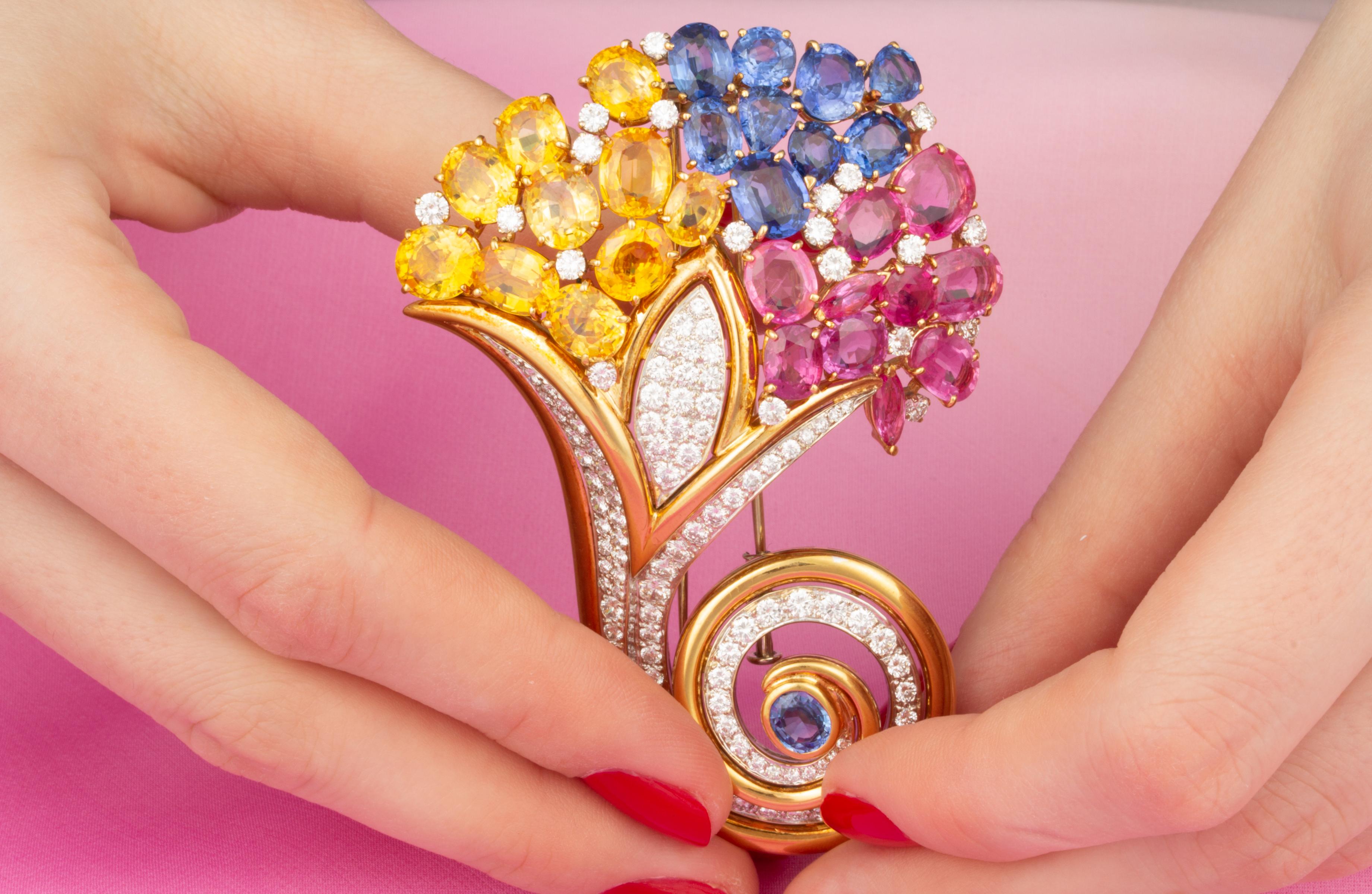 Women's Ella Gafter Sapphire Diamond Cornucopia Brooch Pin For Sale