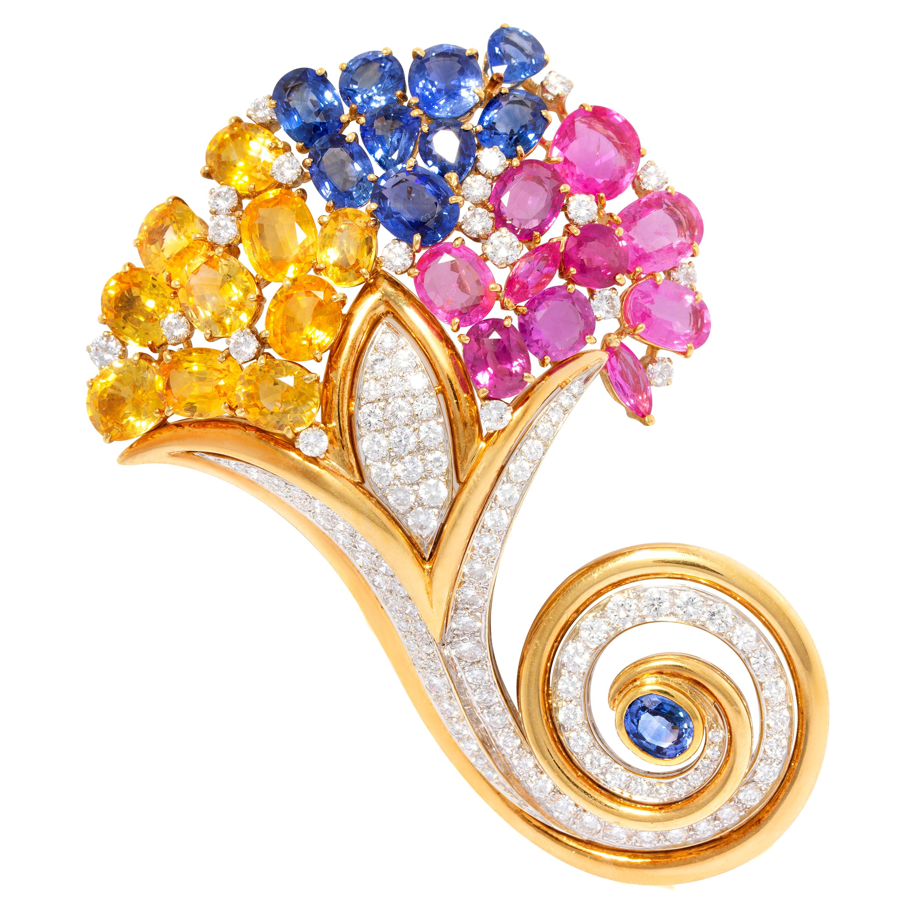 Cornucopia Brooch Pin with Diamonds and Sapphires Design by Ella Gafter