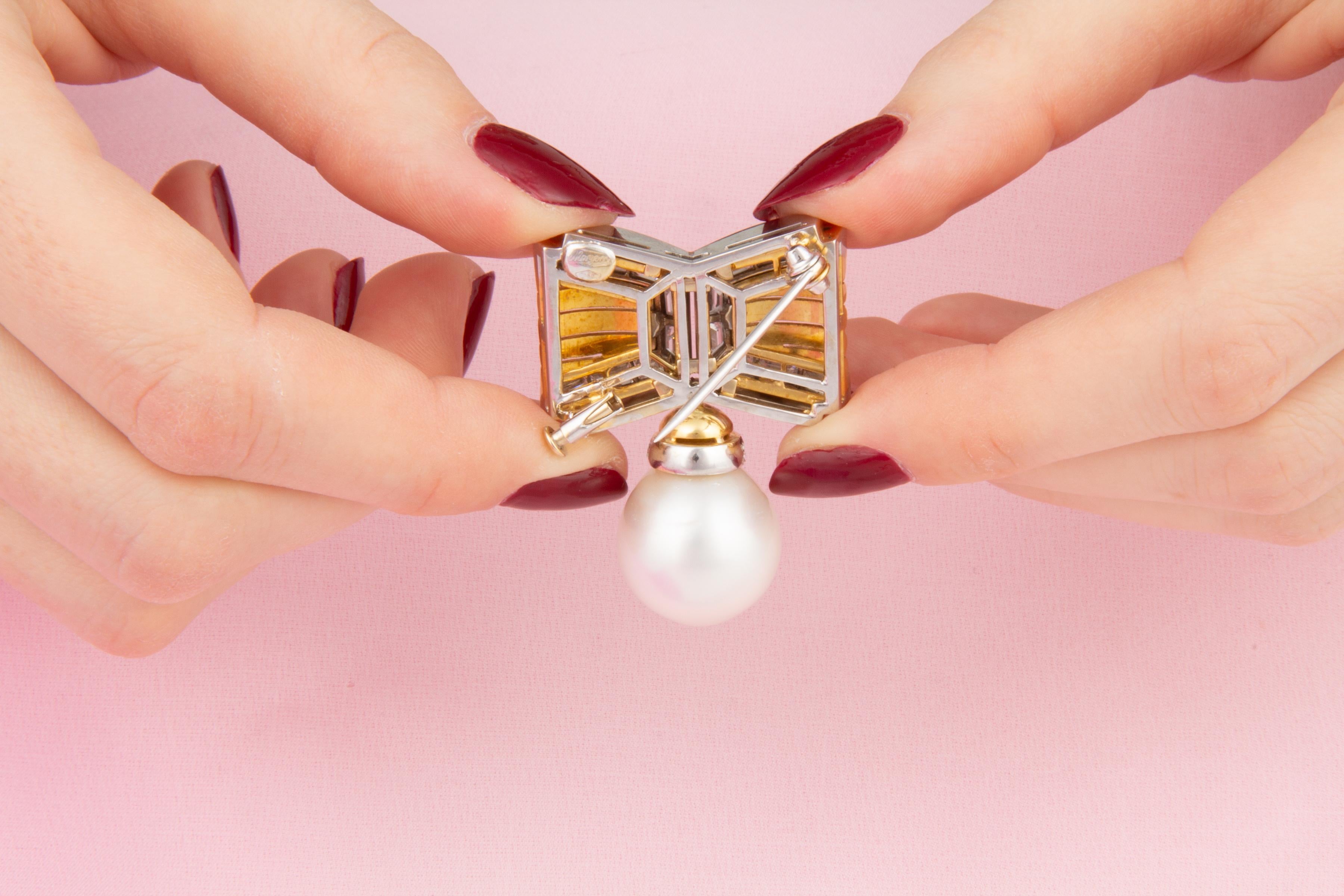 Bow Brooch Diamonds and South Sea Pearl Design by Ella Gafter For Sale 1