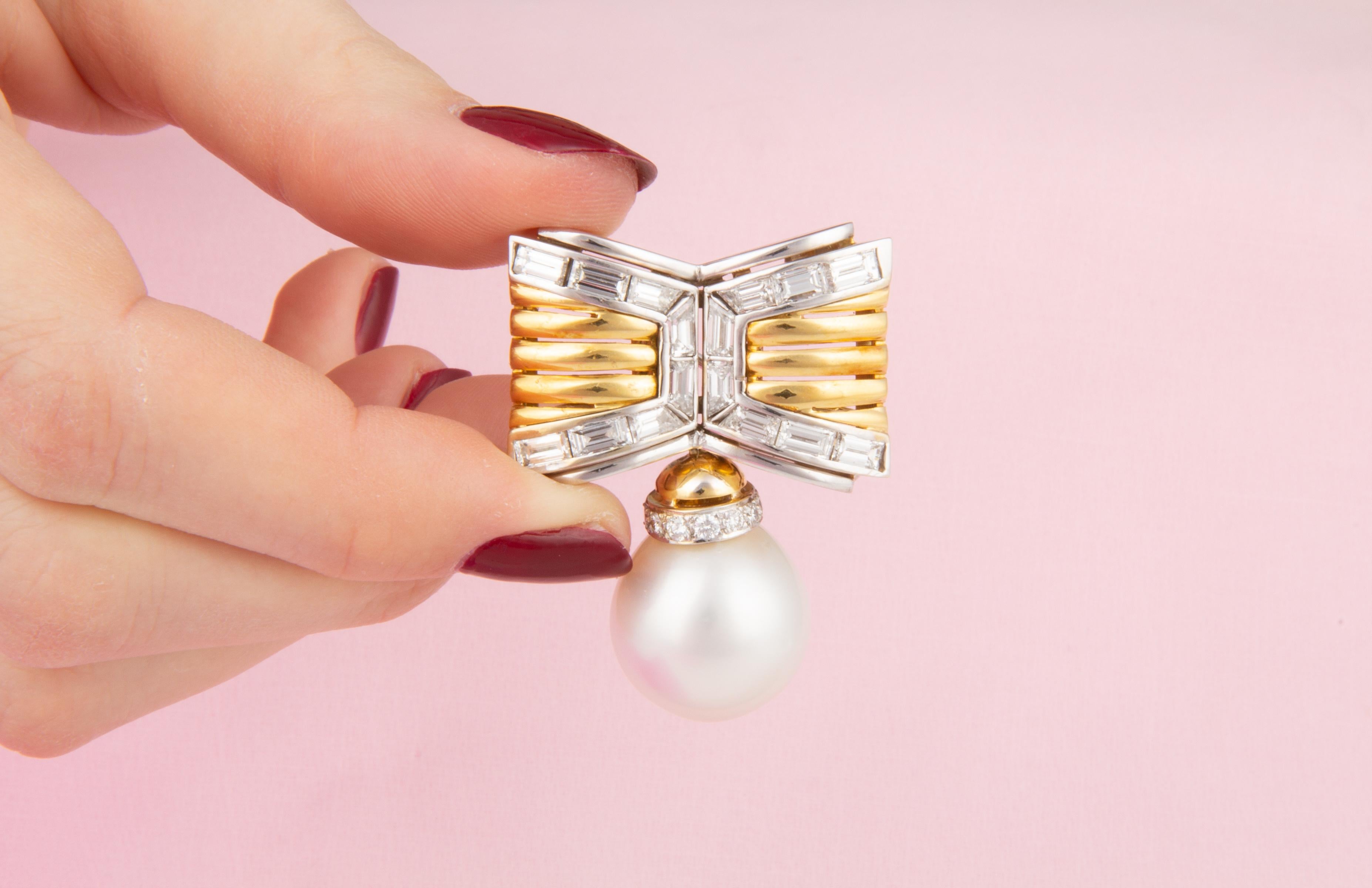 Baguette Cut Bow Brooch Diamonds and South Sea Pearl Design by Ella Gafter For Sale