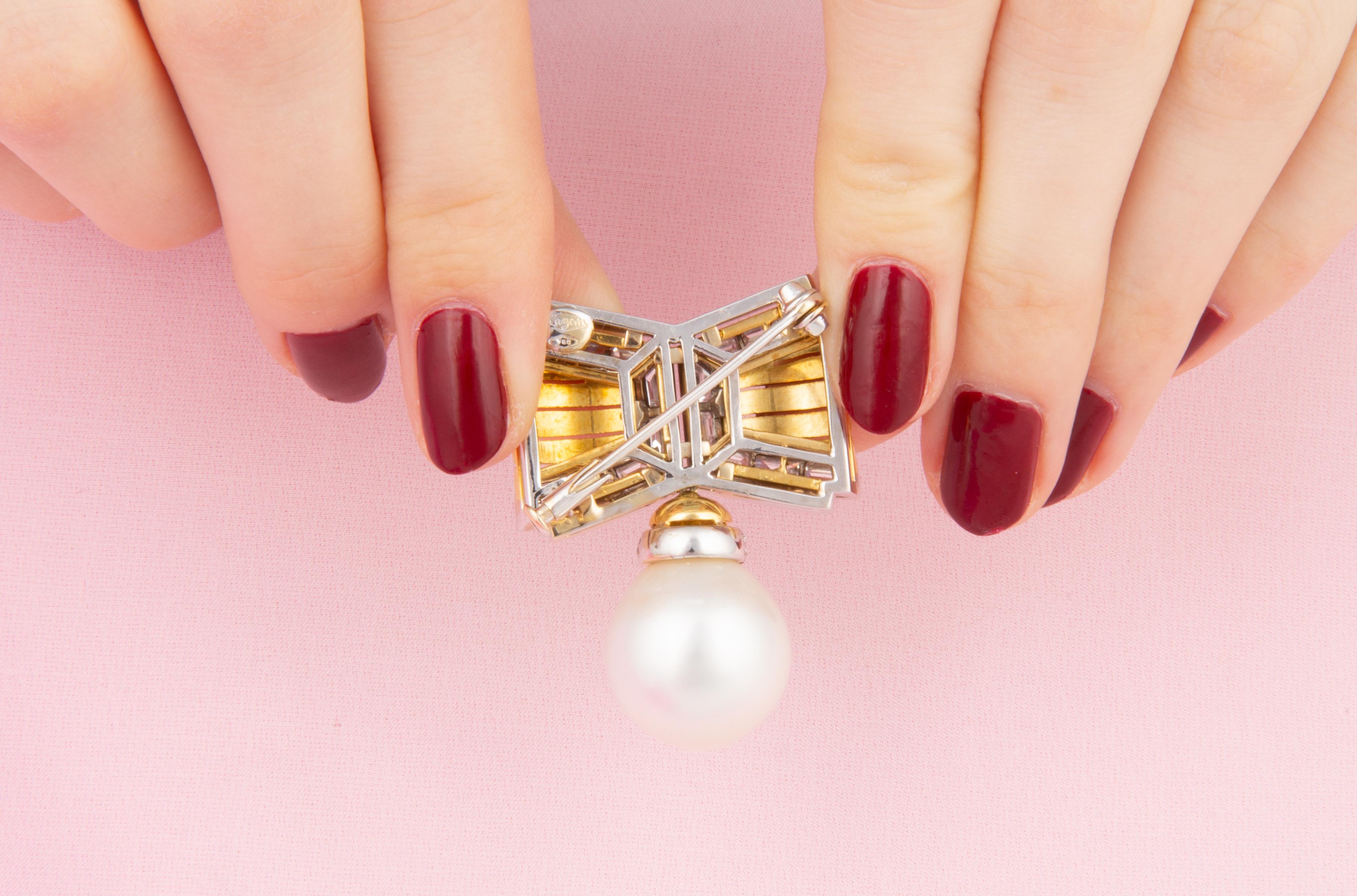 Women's Bow Brooch Diamonds and South Sea Pearl Design by Ella Gafter For Sale