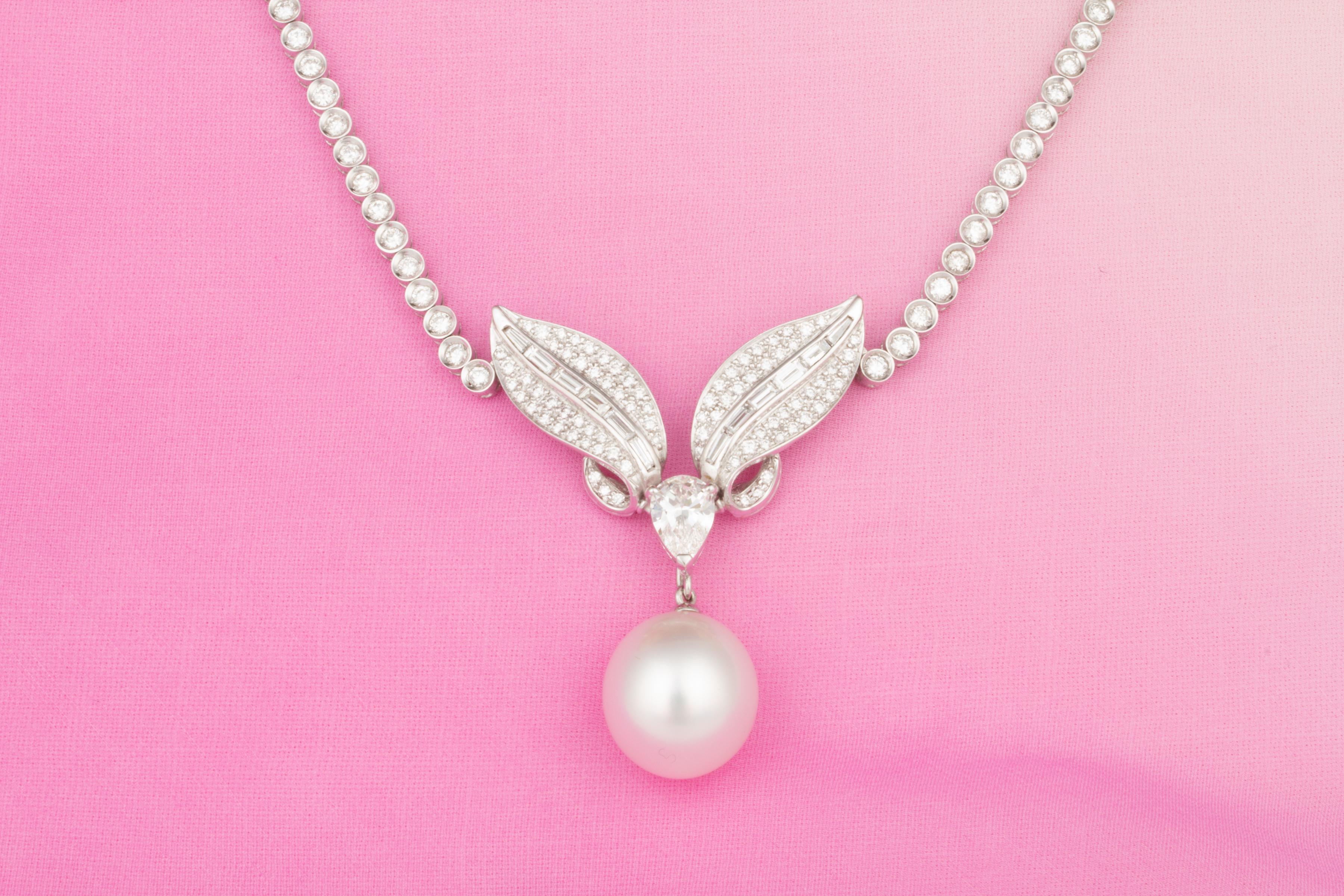 Brilliant Cut Diamond and South Sea Pearl Necklace Earrings Set Design by Ella Gafter For Sale