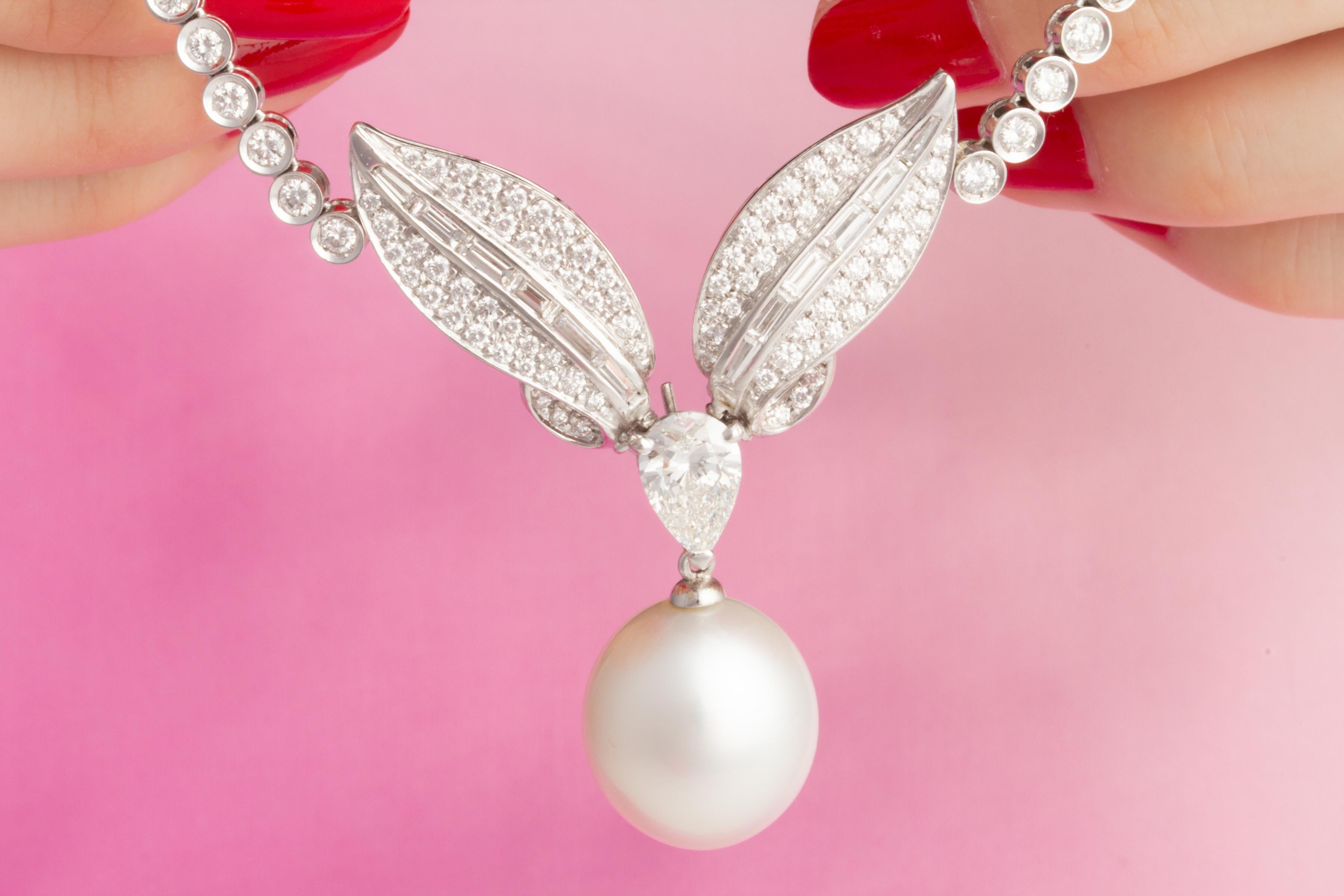 Diamond and South Sea Pearl Necklace Earrings Set Design by Ella Gafter For Sale 1