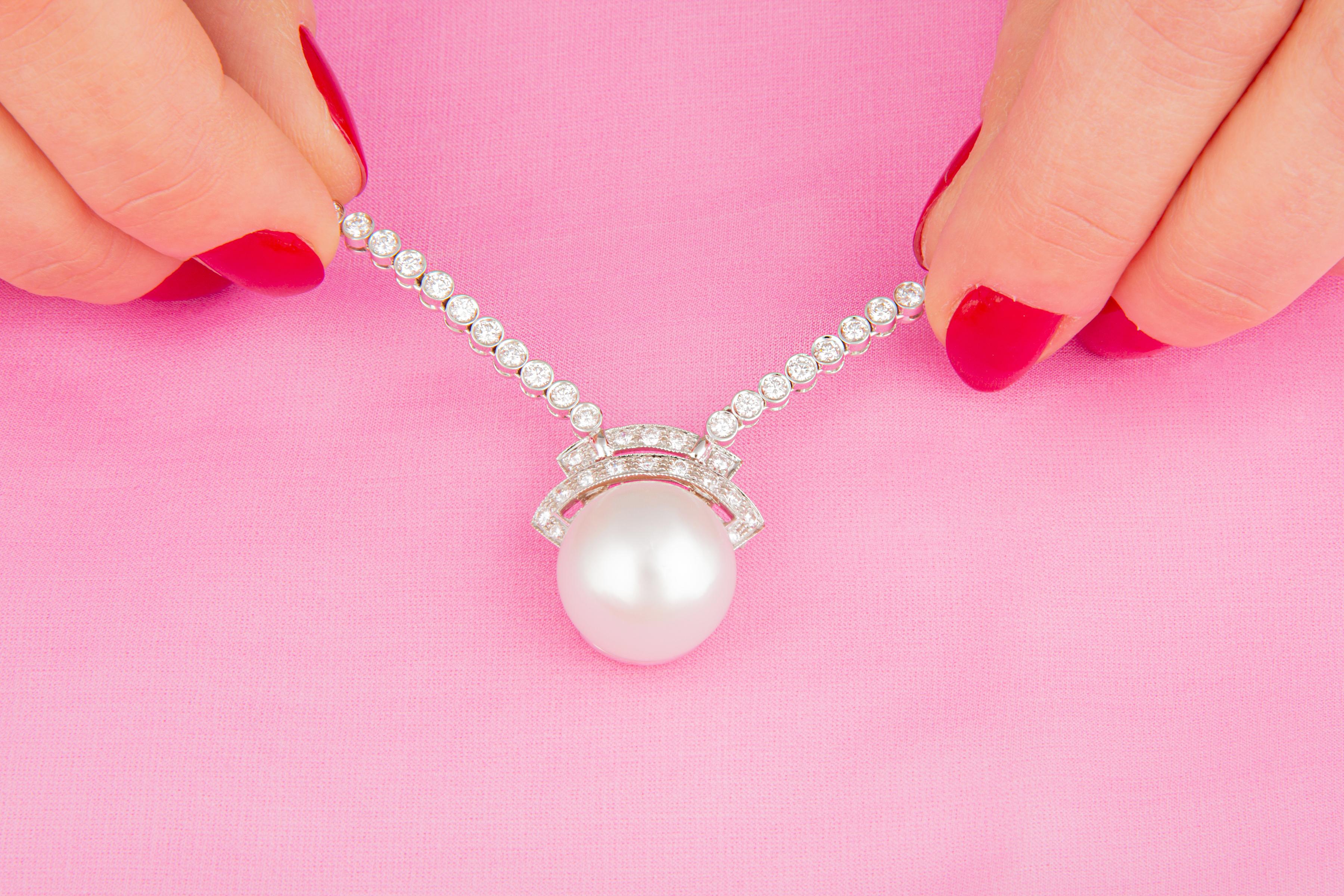 Artist Ella Gafter Diamond 16mm Pearl Necklace For Sale