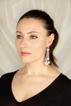 Diamond Blue Sapphire Pearl Drop Earrings Chandelier Tassel Design Ella Gafter