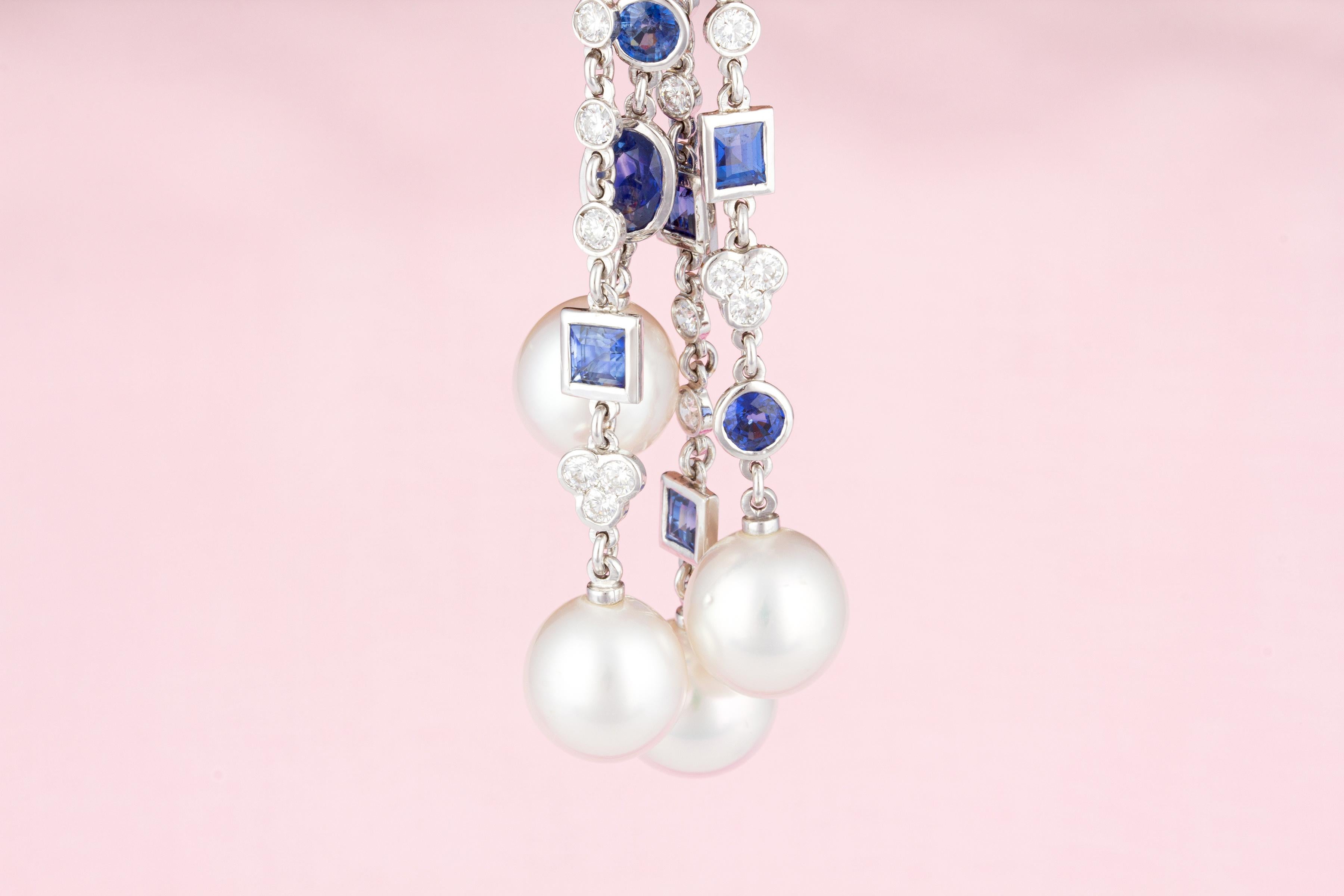 Women's or Men's Ella Gafter Diamond Blue Sapphire Pearl Tassel Chandelier Earrings For Sale