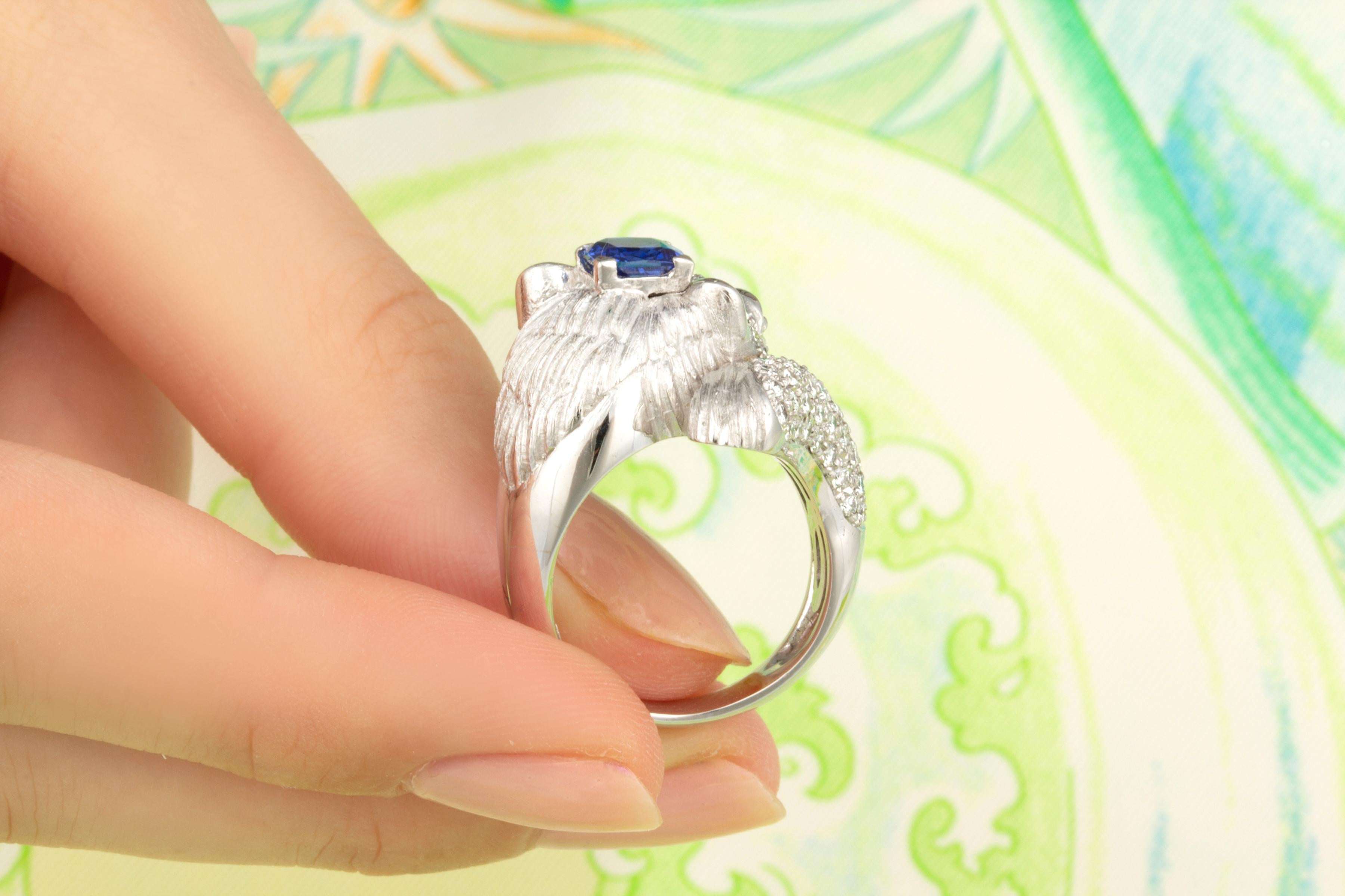 Brilliant Cut Tiger Ring Diamond Blue Sapphire Design by Ella Gafter For Sale