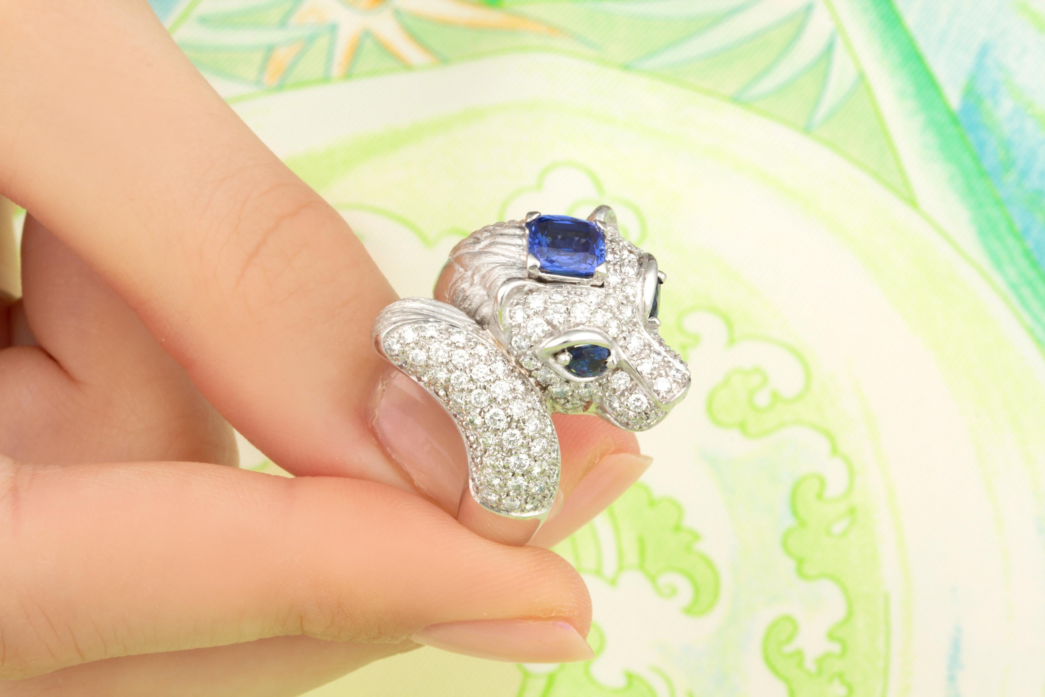 Tiger Ring Diamond Blue Sapphire Design by Ella Gafter In New Condition For Sale In New York, NY