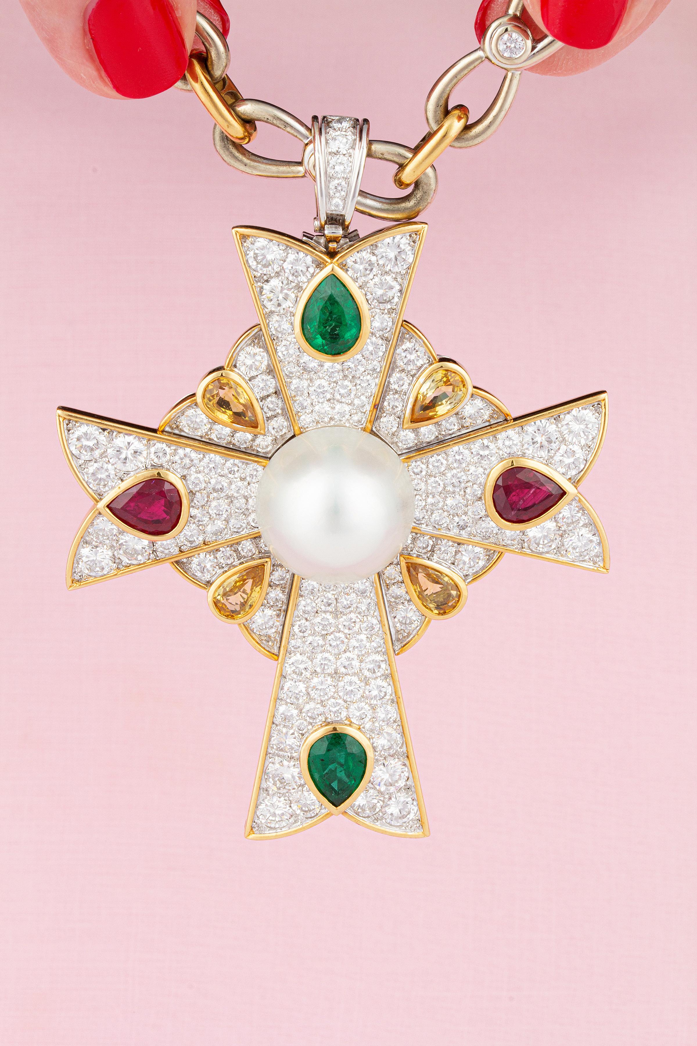 Artist Ella Gafter Diamond Cross Pendant Brooch Necklace For Sale