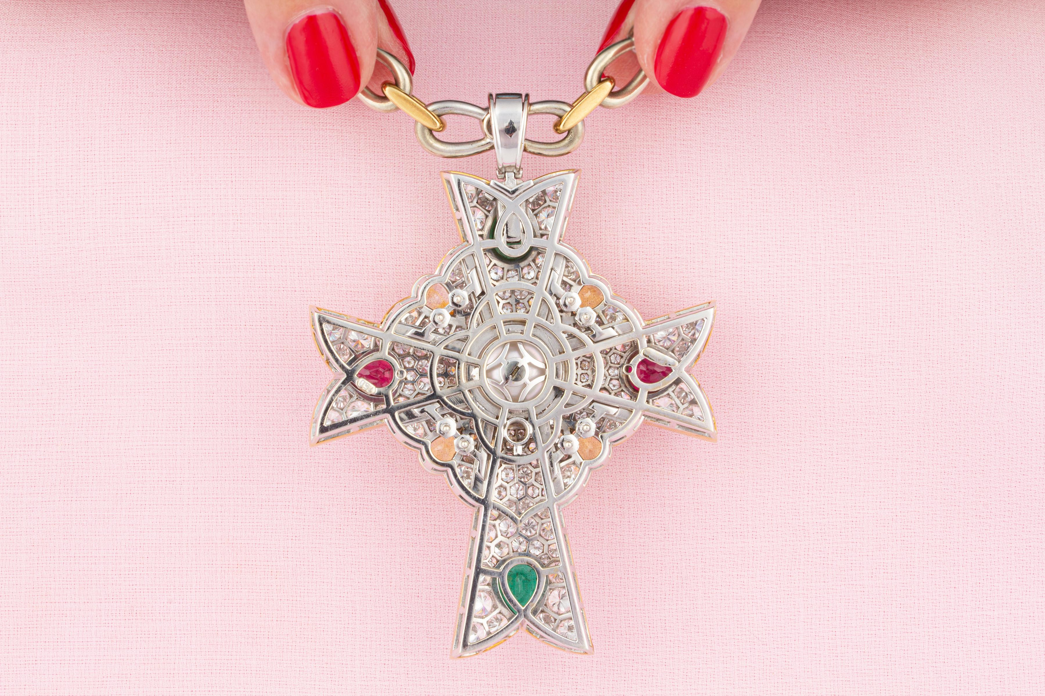 Brilliant Cut Ella Gafter Diamond Cross Pendant Brooch Necklace For Sale