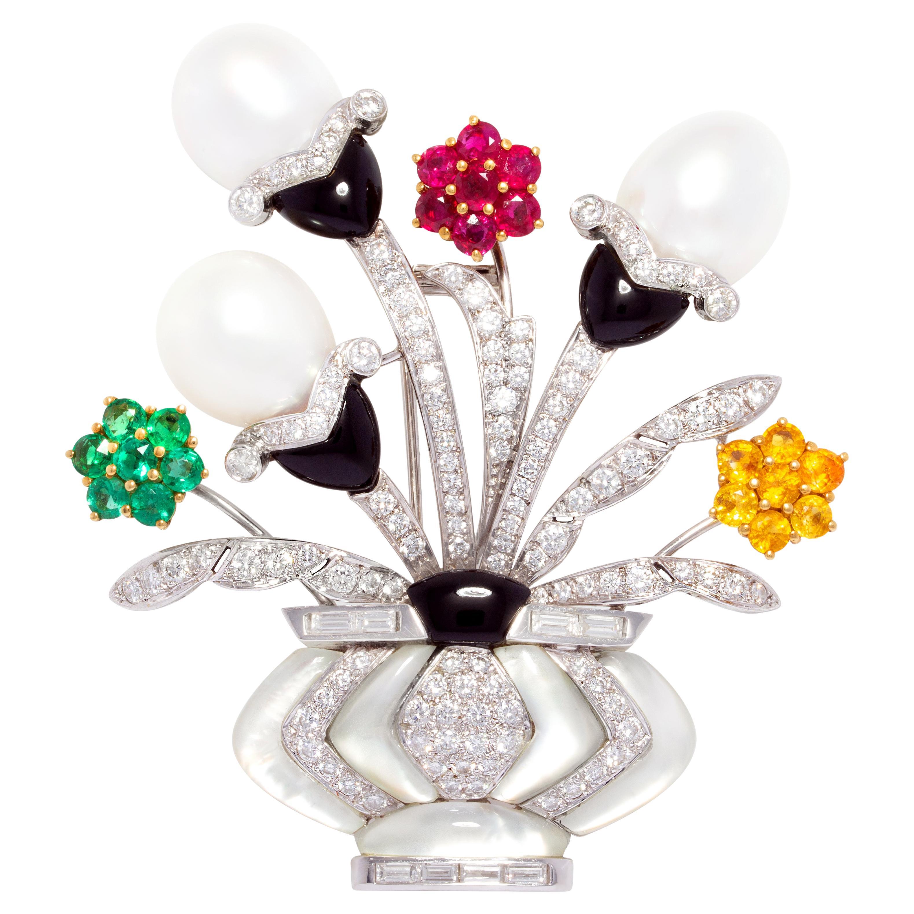 Ella Gafter Diamond Flower Basket Brooch Pin For Sale