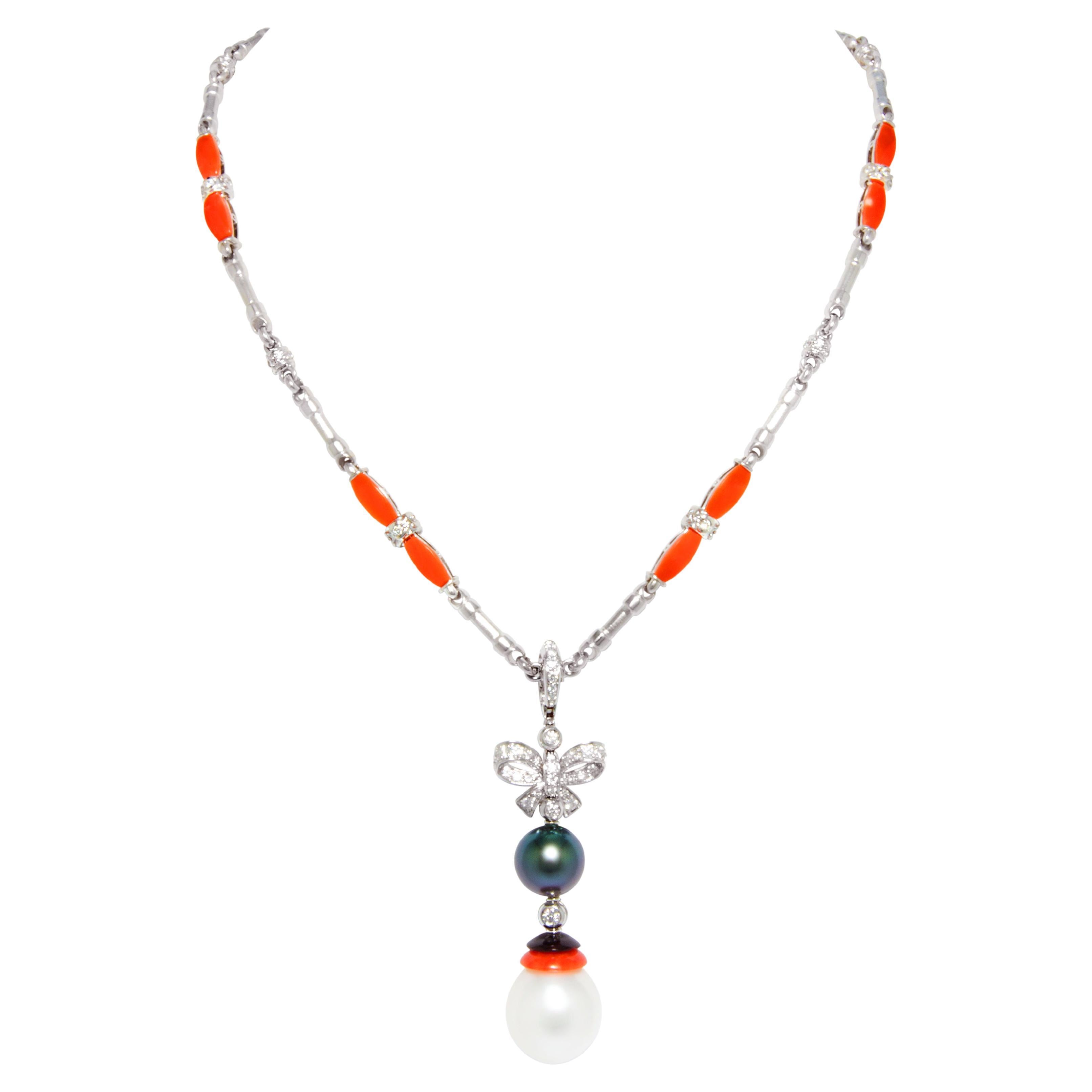 Bow Necklace Diamond Pearl Onyx Coral Art Déco Design by Ella Gafter