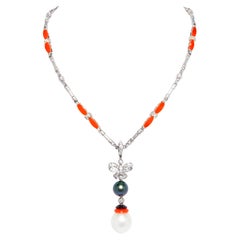 Ella Gafter Art Déco style Diamond Pearl Bow Pendant Necklace