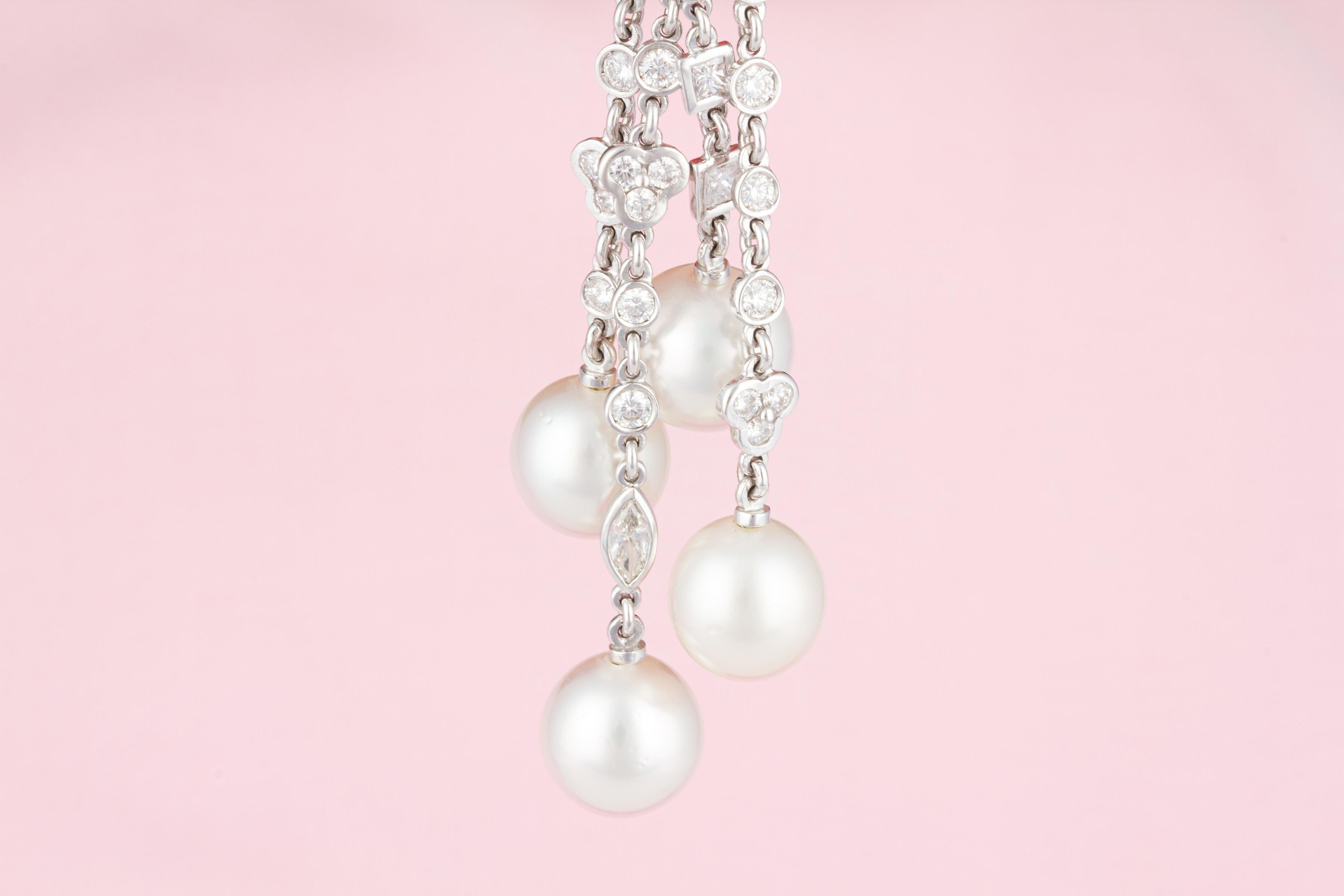 Ella Gafter Diamond Pearl Tassel Chandelier Earrings For Sale 2