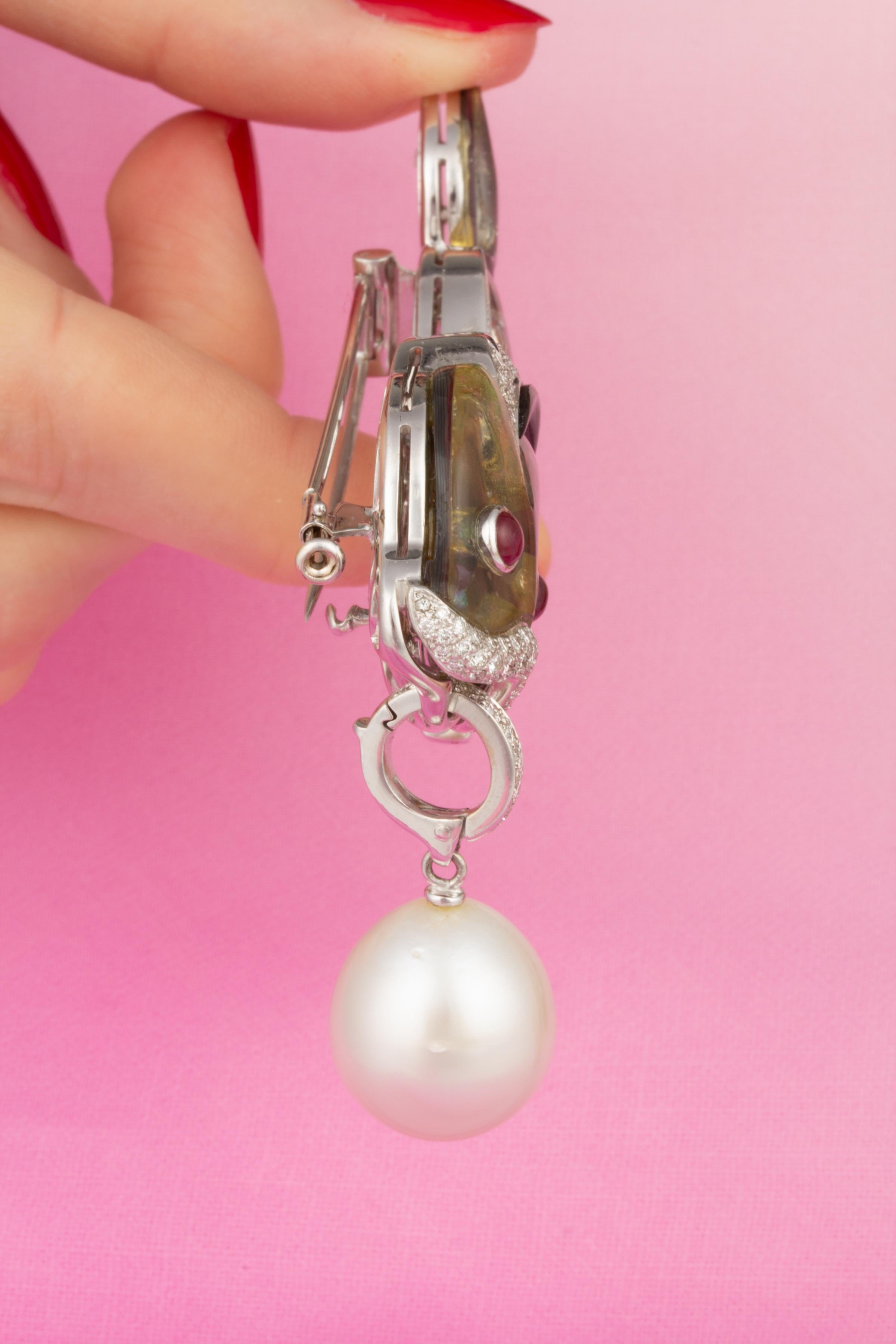 Brilliant Cut Ella Gafter Diamond Pearl Fish Brooch Pin For Sale